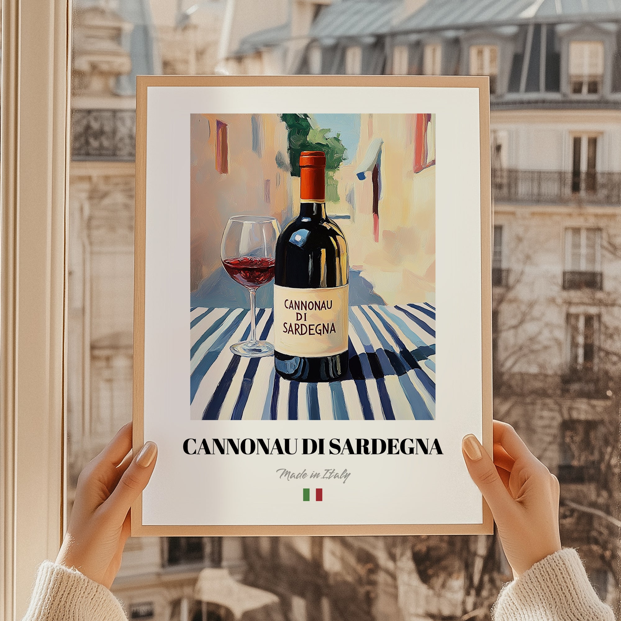 Cannonau di Sardegna – Italian Red Wine, Wine Bar Poster, styled in a charming Paris street view