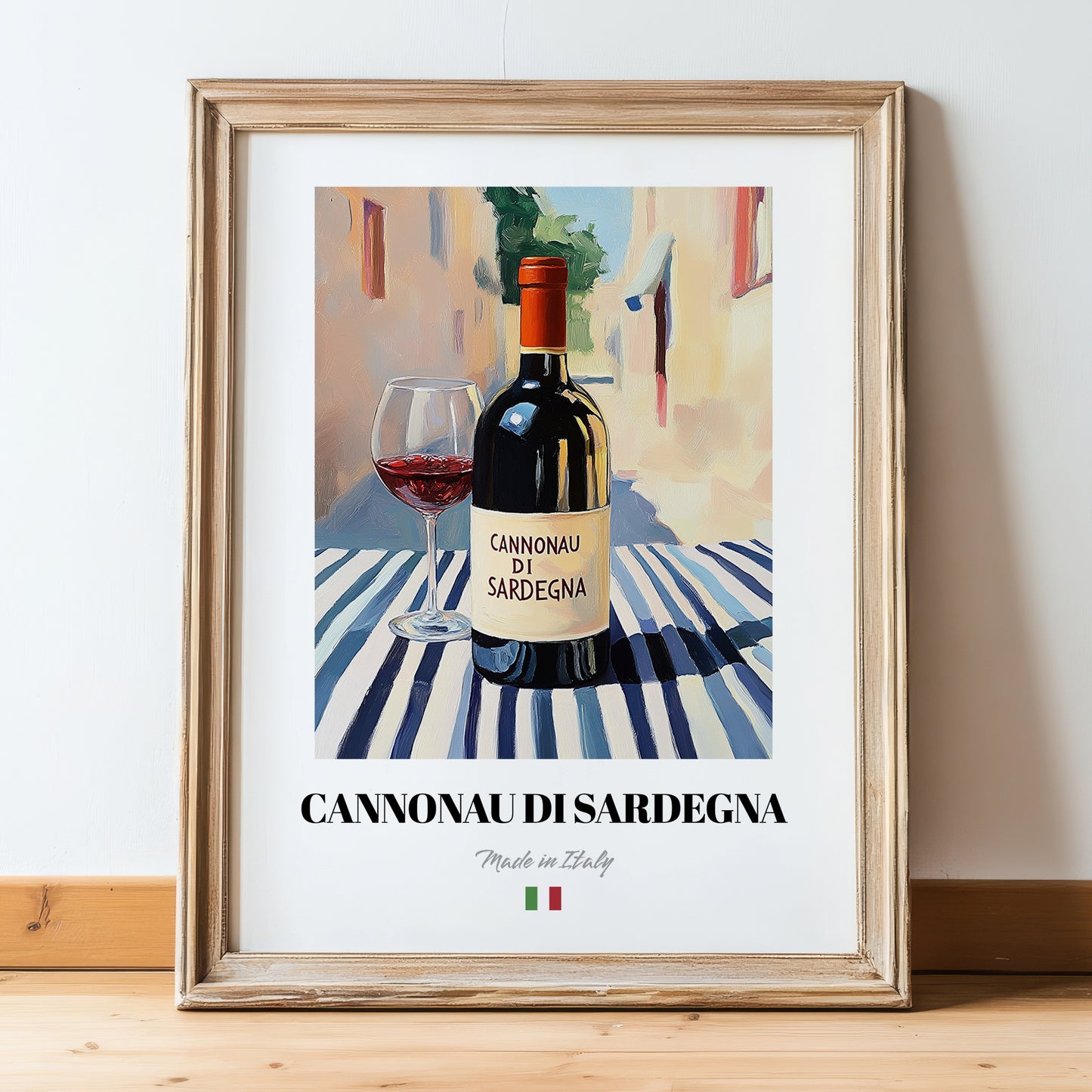 Cannonau di Sardegna – Italian Red Wine, Wine Bar Poster, in wooden frame leaning on the floor