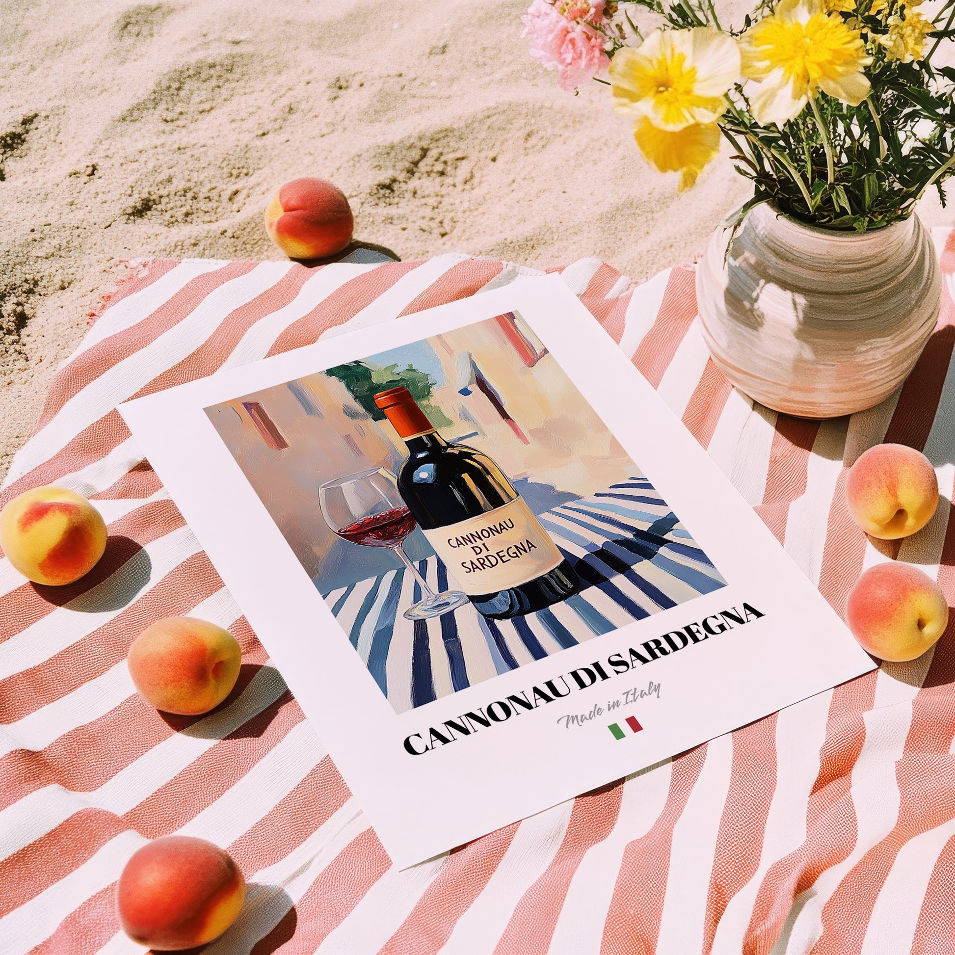 Cannonau di Sardegna – Italian Red Wine, Wine Bar Poster, unframed on coastal sand