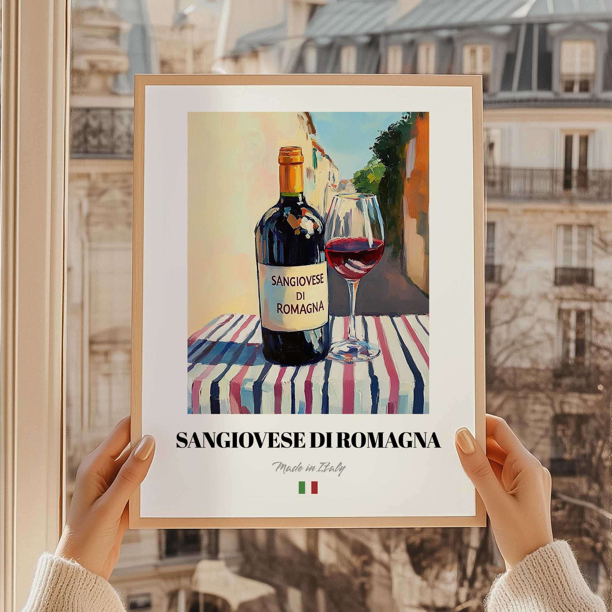 Sangiovese di Romagna – Italian Red Wine, Wine Bar Poster, styled in a charming Paris street view