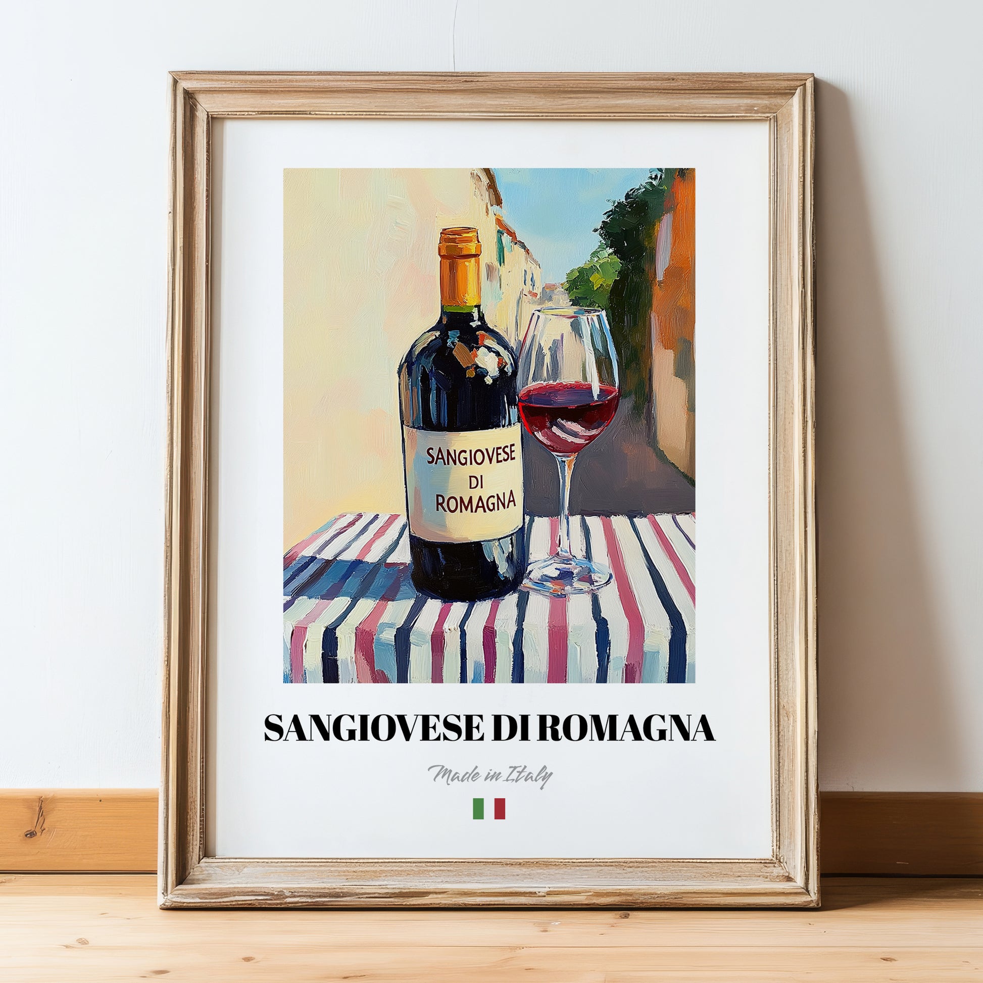 Sangiovese di Romagna – Italian Red Wine, Wine Bar Poster, in wooden frame leaning on the floor