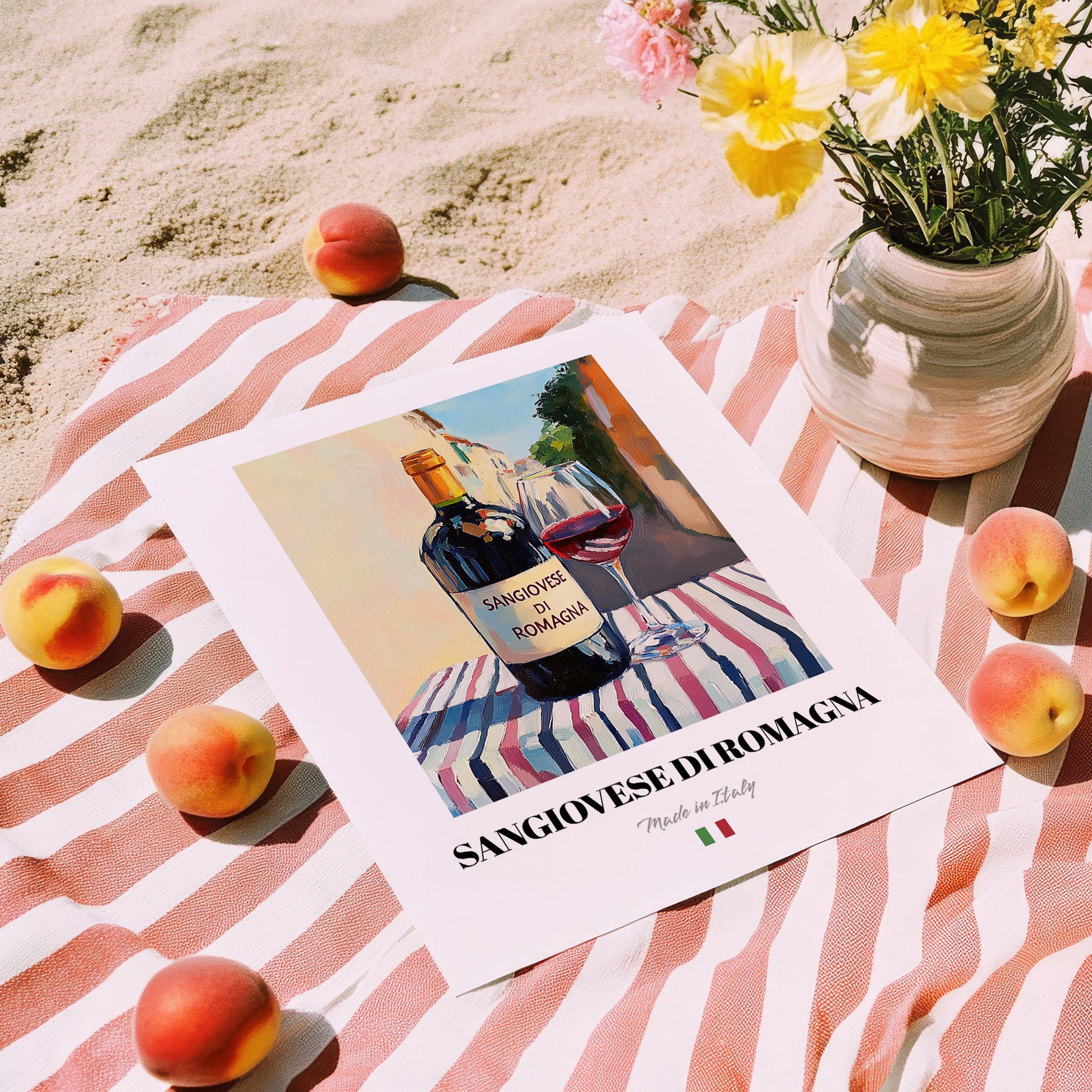 Sangiovese di Romagna – Italian Red Wine, Wine Bar Poster, unframed on coastal sand