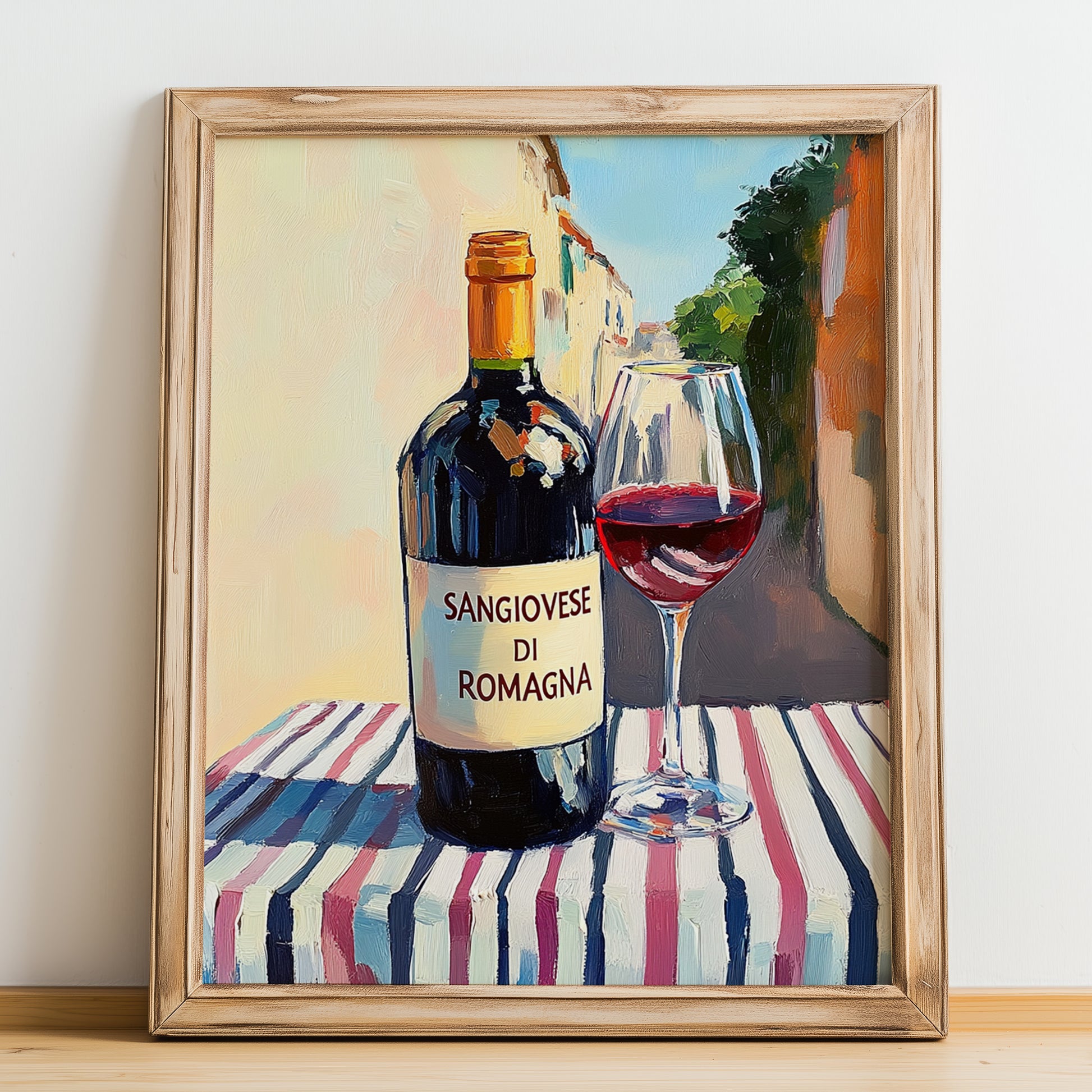 Sangiovese di Romagna – Italian Red Wine, Wine Bar Poster, no-text version framed in wood