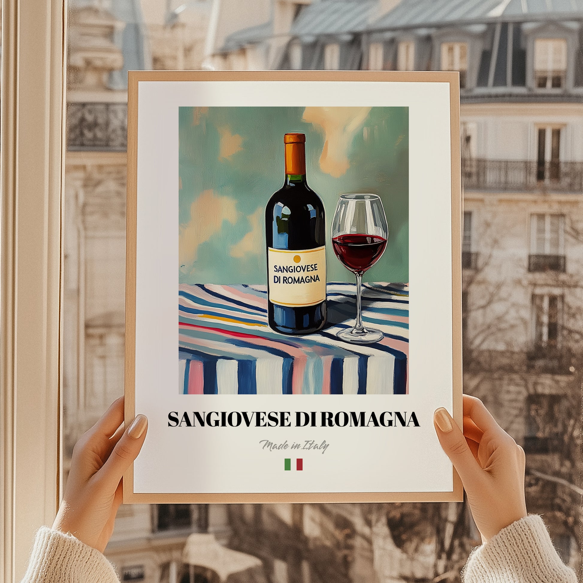Sangiovese di Romagna – Italian Red Wine, Vinoteca Poster, styled in a charming Paris street view