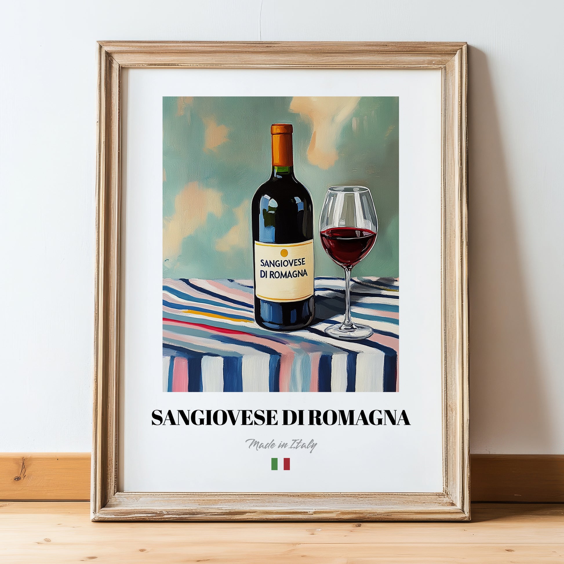 Sangiovese di Romagna – Italian Red Wine, Vinoteca Poster, in wooden frame leaning on the floor