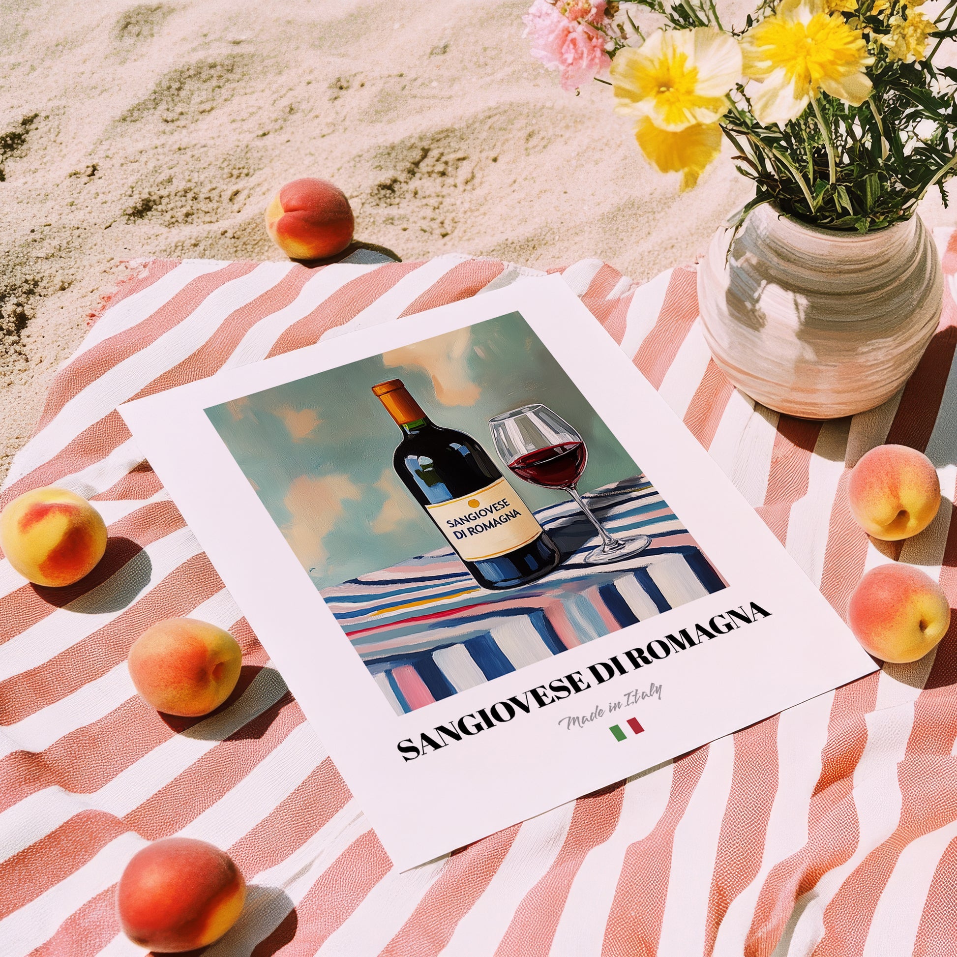 Sangiovese di Romagna – Italian Red Wine, Vinoteca Poster, unframed on coastal sand