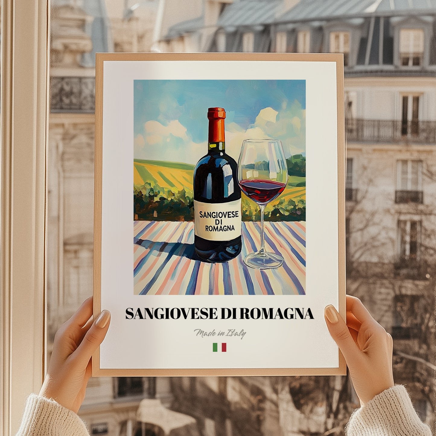 Sangiovese di Romagna – Italian Red Wine, Vinoteca Painting, styled in a charming Paris street view
