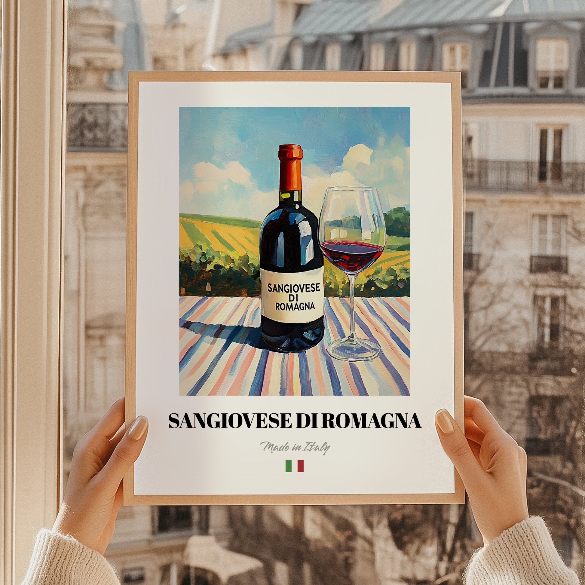 Sangiovese di Romagna – Italian Red Wine, Vinoteca Painting, styled in a charming Paris street view