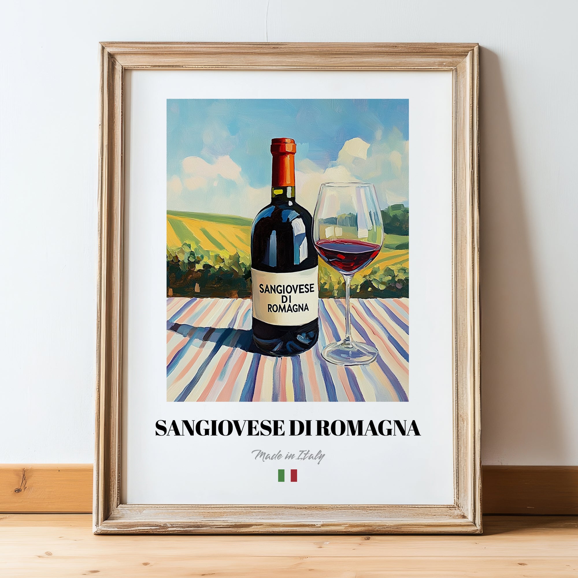 Sangiovese di Romagna – Italian Red Wine, Vinoteca Painting, in wooden frame leaning on the floor