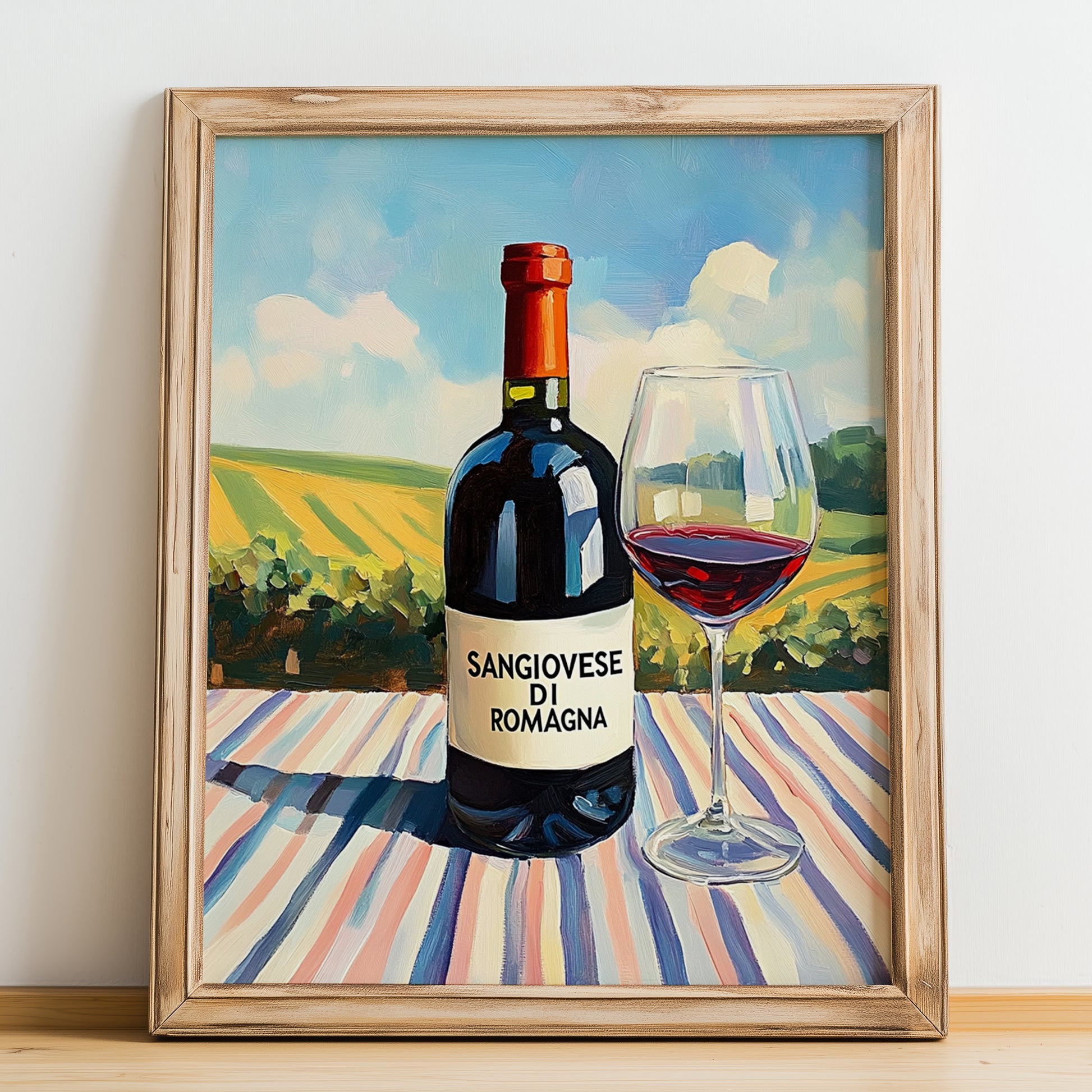 Sangiovese di Romagna – Italian Red Wine, Vinoteca Painting, no-text version framed in wood