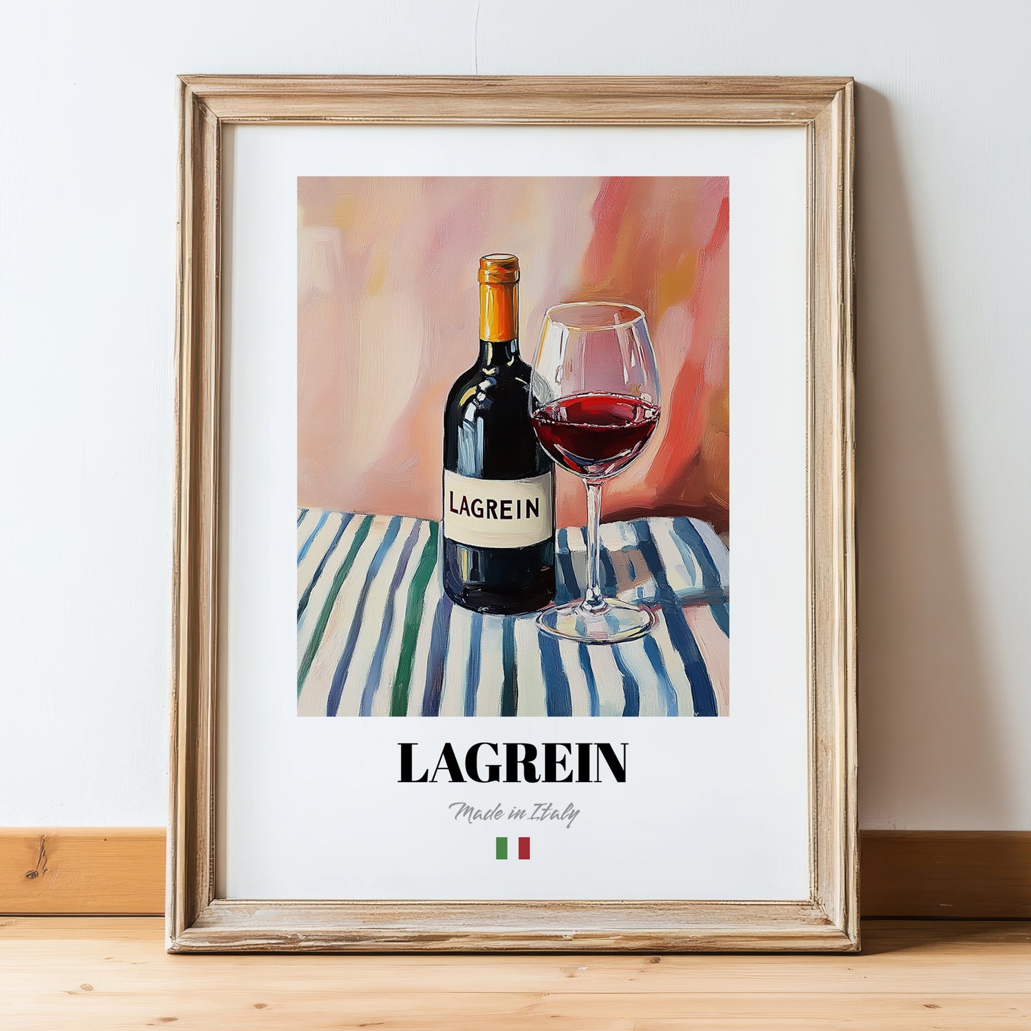 Lagrein – Italian Red Wine, Bodega Illustration, in wooden frame leaning on the floor