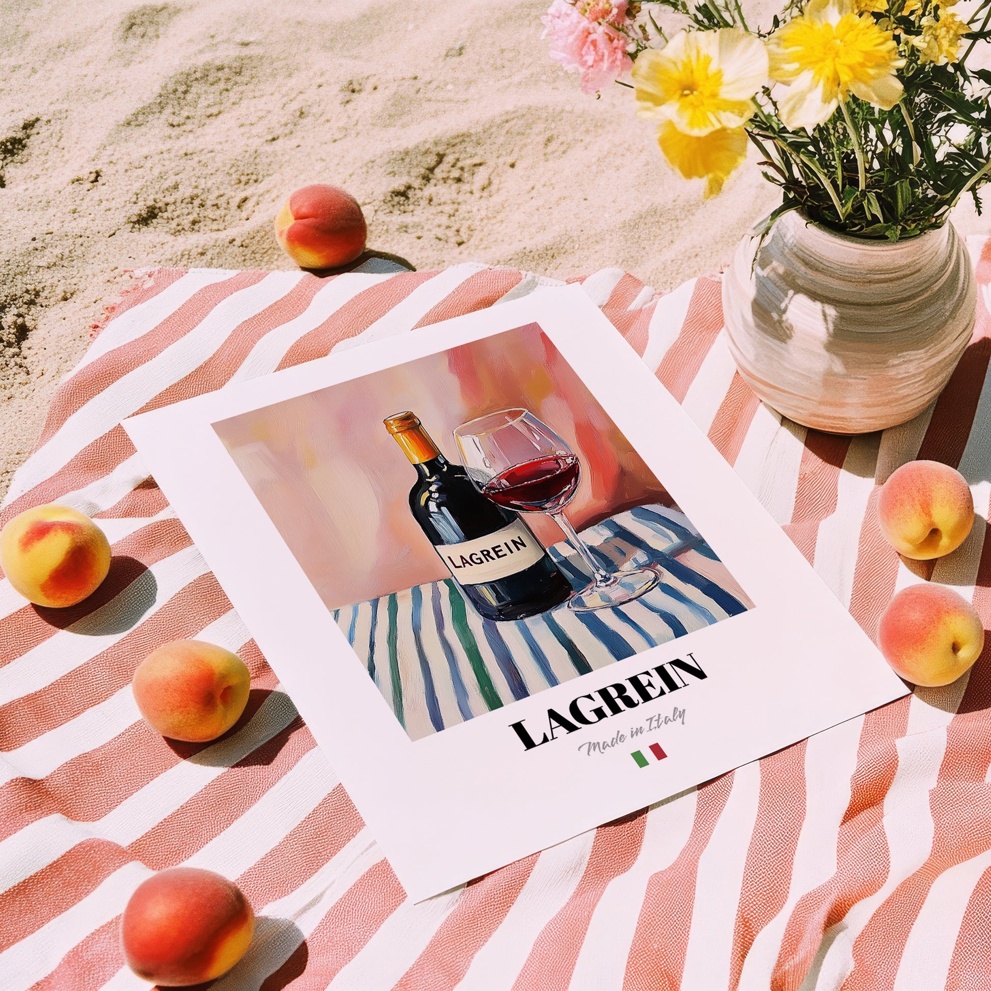 Lagrein – Italian Red Wine, Bodega Illustration, unframed on coastal sand