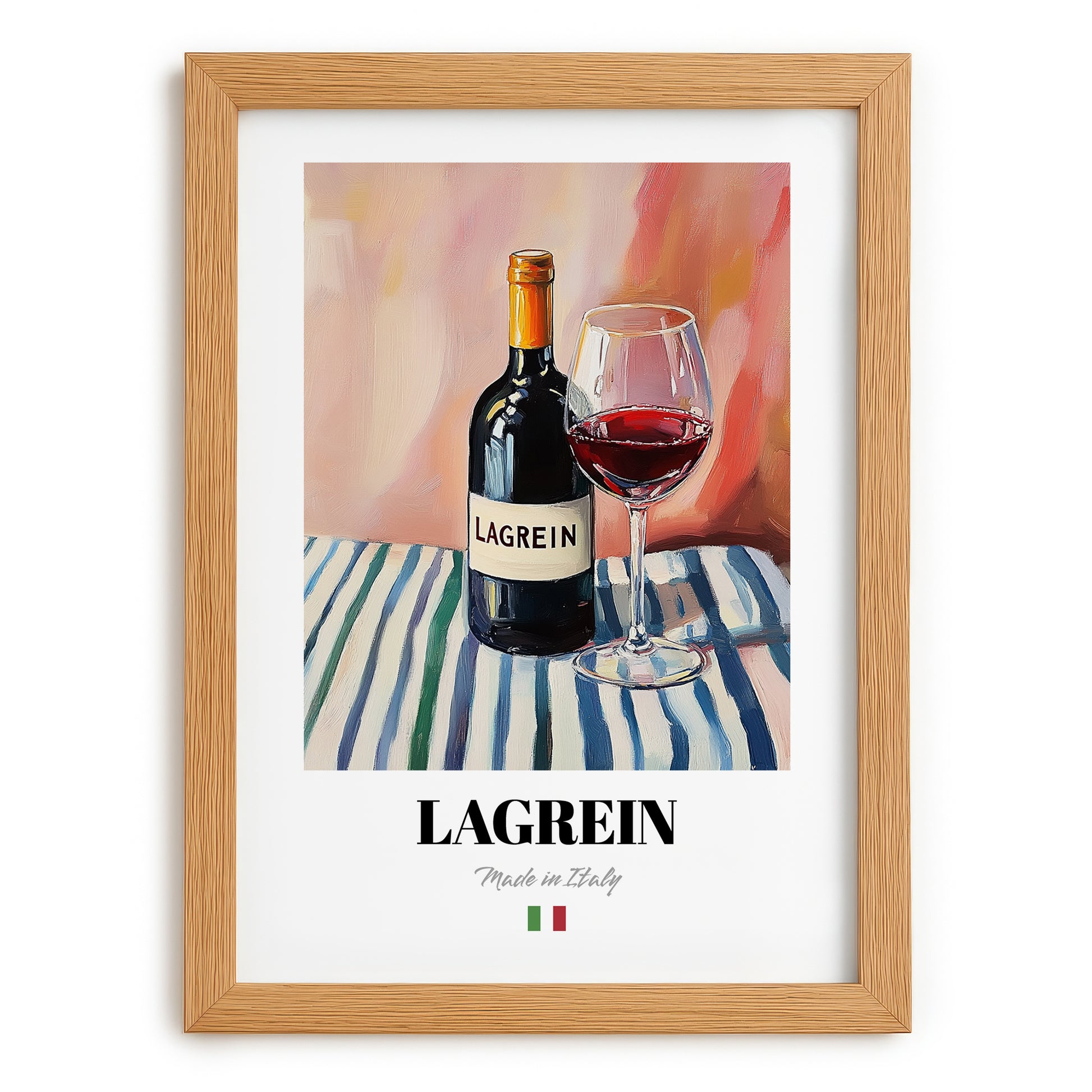 Lagrein – Italian Red Wine, Bodega Illustration, set in oak frame