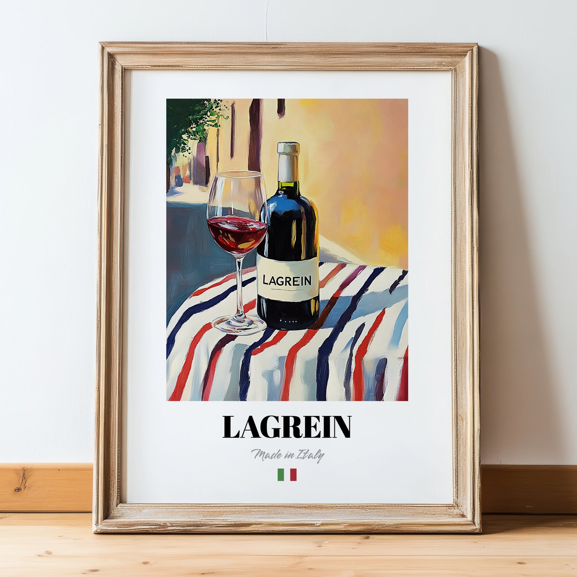Lagrein – Italian Red Wine, Wine Bar Art, in wooden frame leaning on the floor
