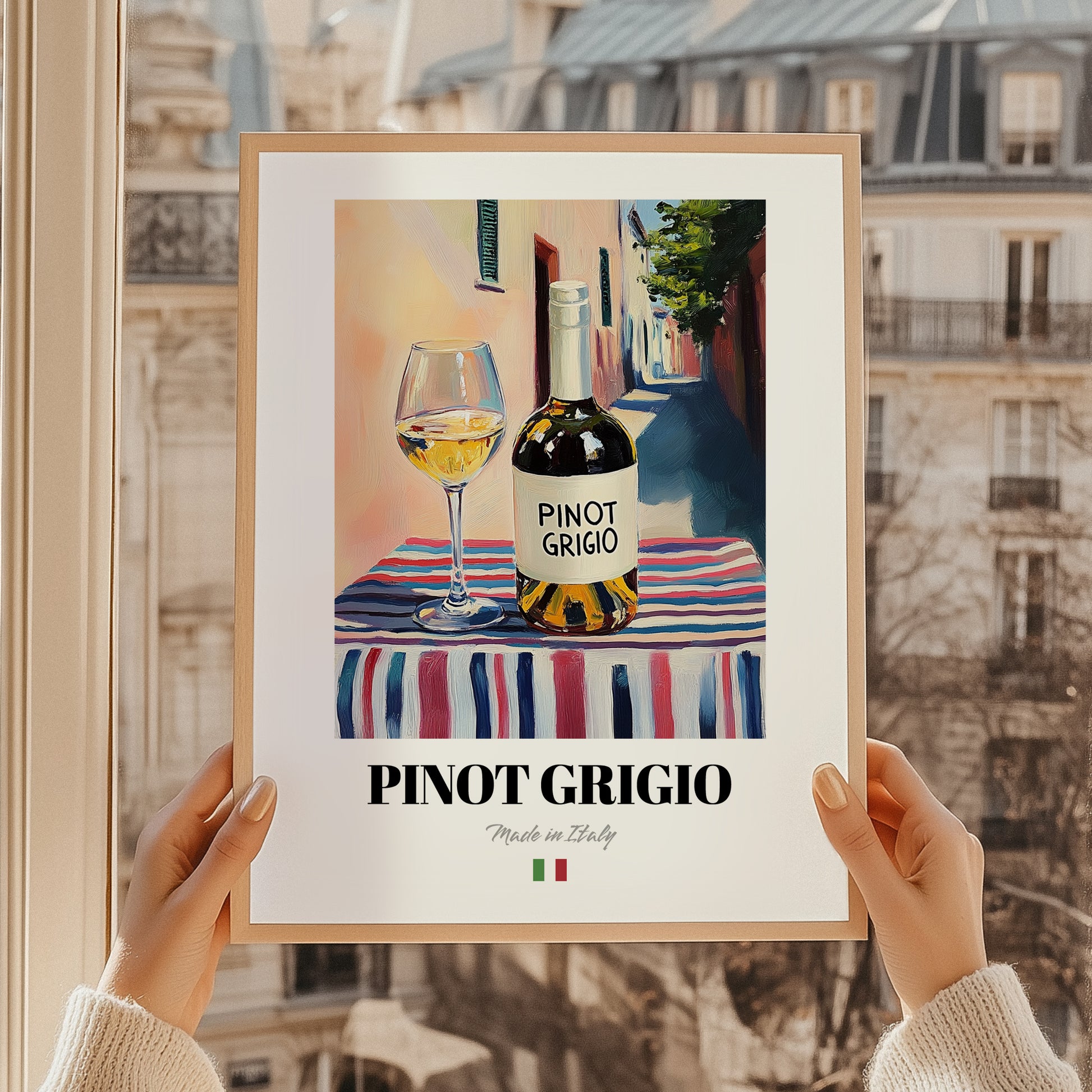 Pinot Grigio – Italian White Wine, Enoteca Poster, styled in a charming Paris street view