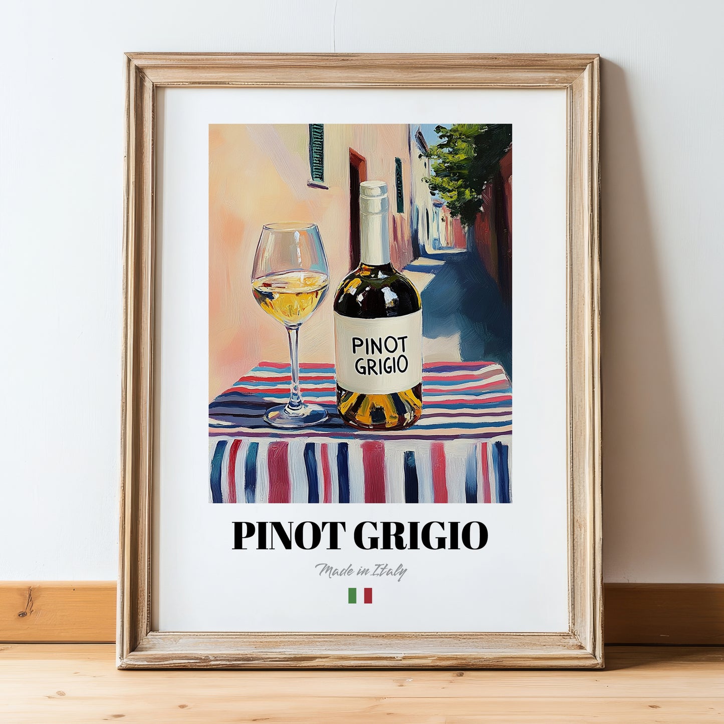 Pinot Grigio – Italian White Wine, Enoteca Poster, in wooden frame leaning on the floor