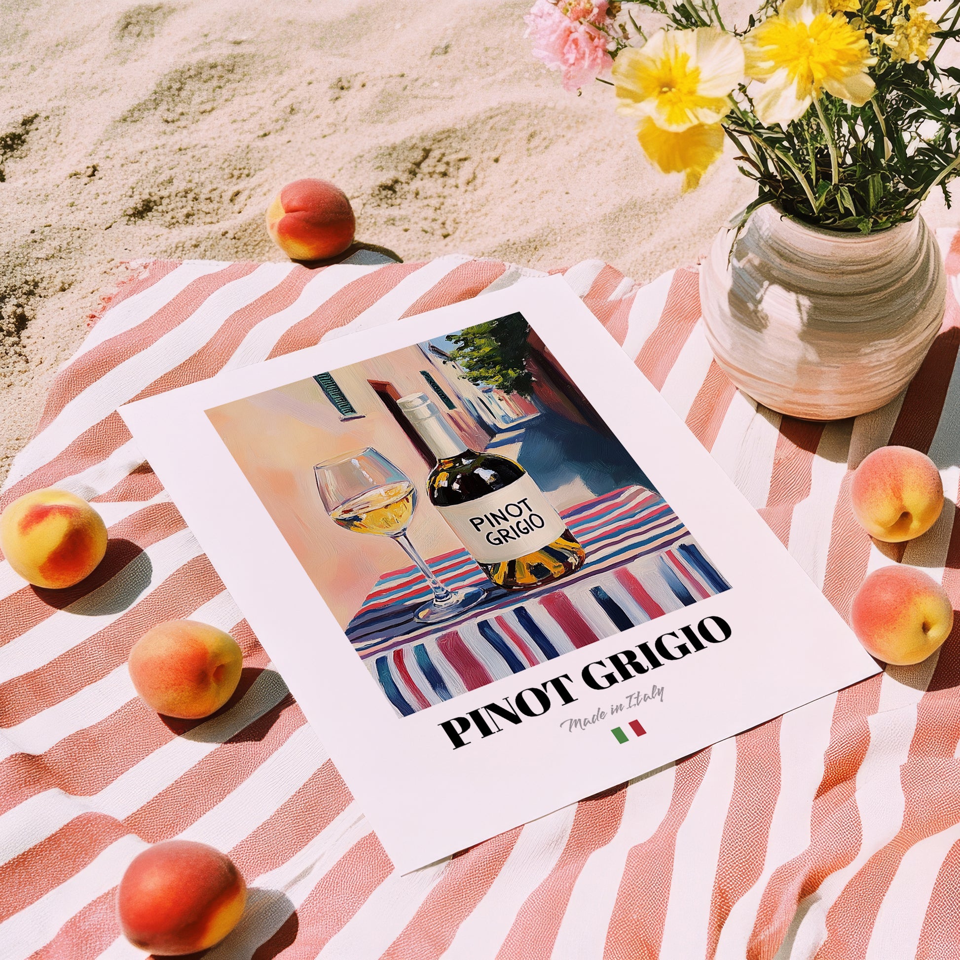 Pinot Grigio – Italian White Wine, Enoteca Poster, unframed on coastal sand