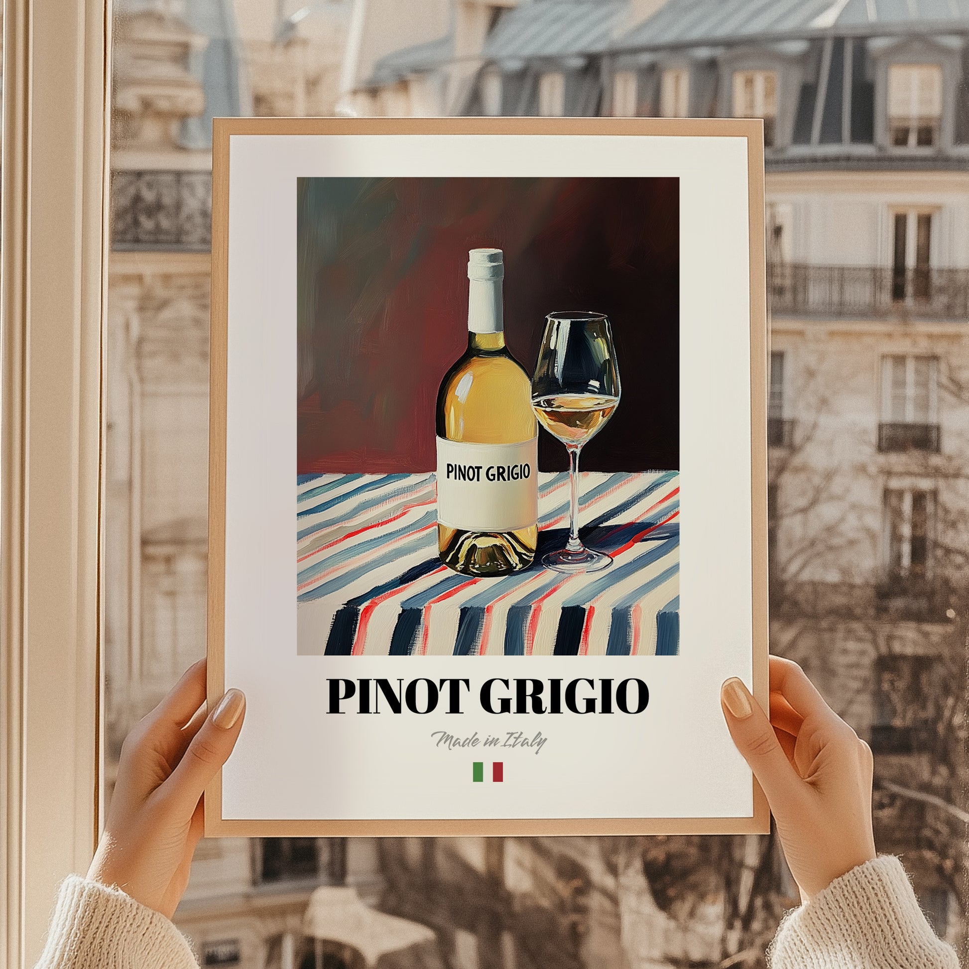 Pinot Grigio – Italian White Wine, Enoteca Wall Art, styled in a charming Paris street view