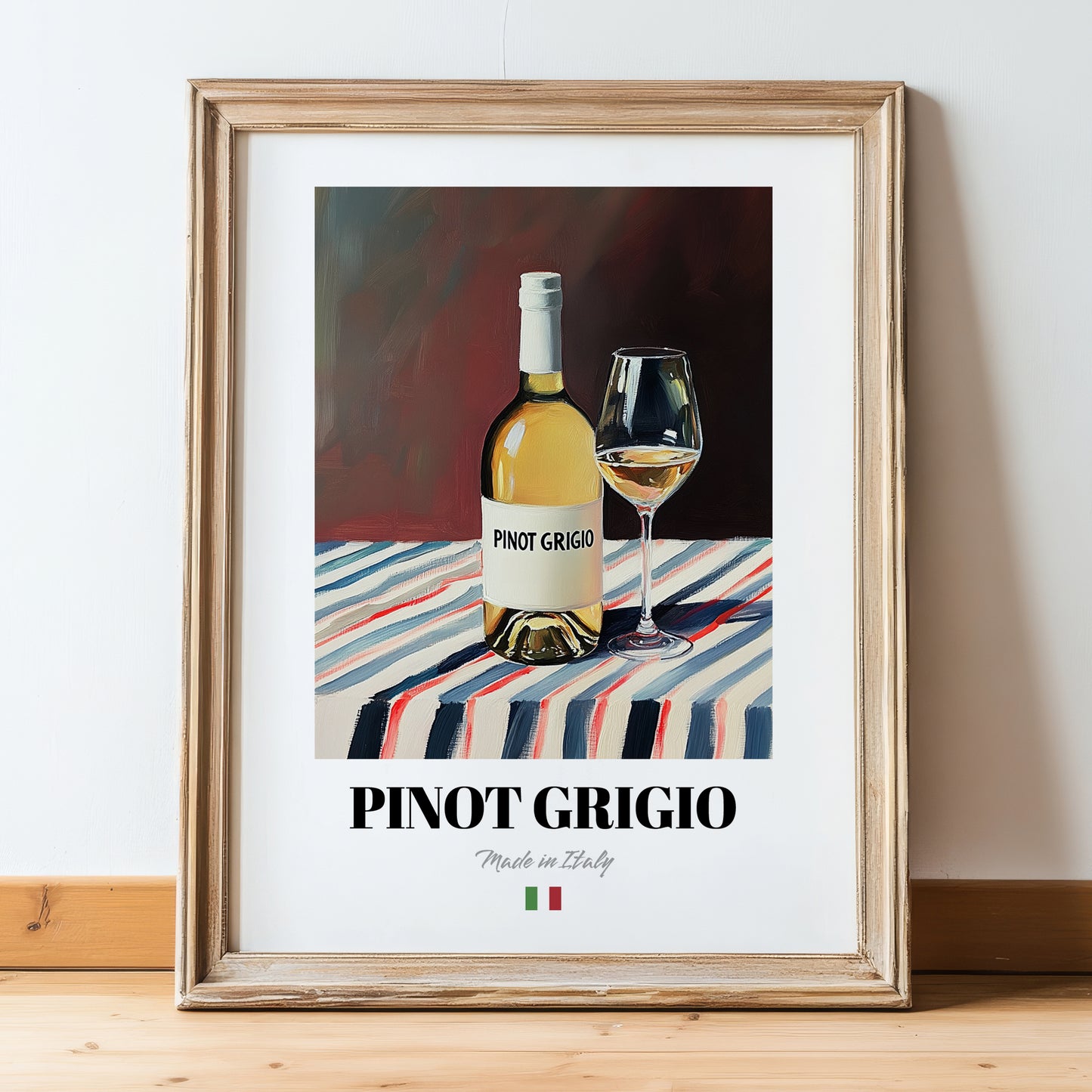 Pinot Grigio – Italian White Wine, Enoteca Wall Art, in wooden frame leaning on the floor
