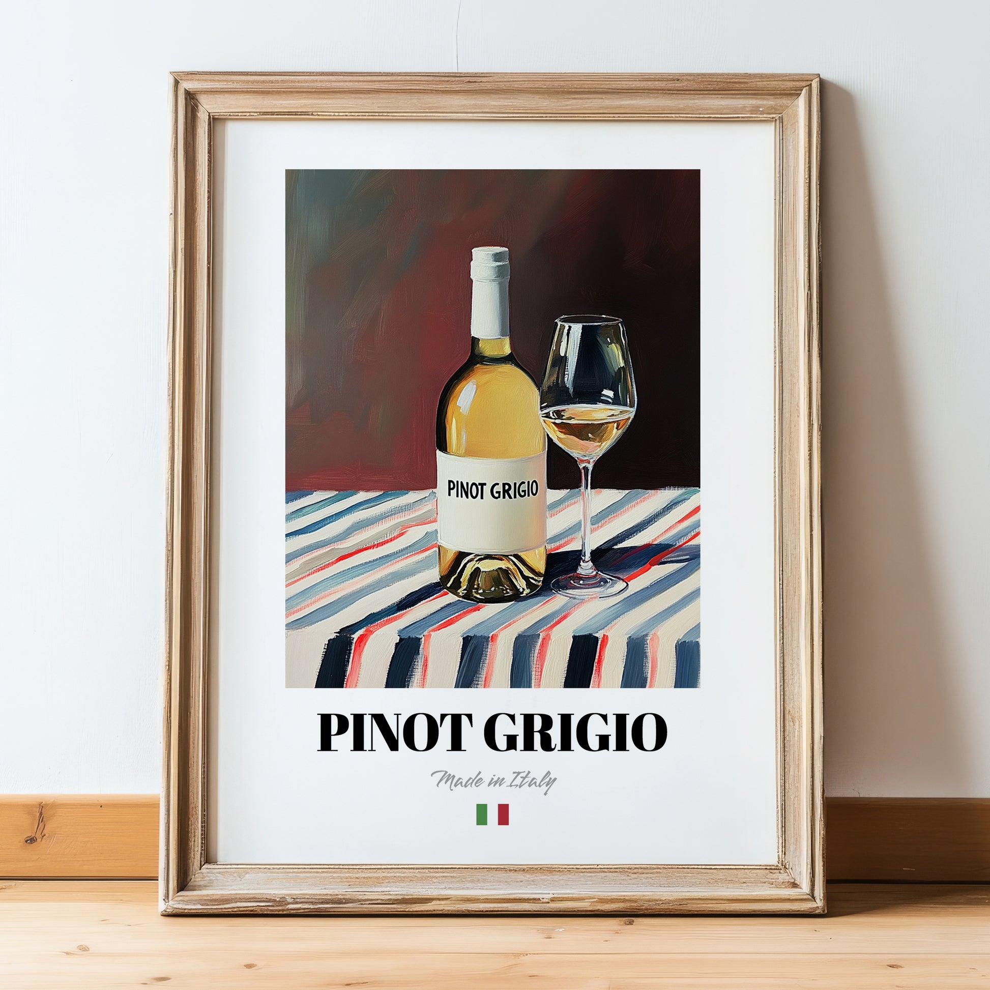 Pinot Grigio – Italian White Wine, Enoteca Wall Art, in wooden frame leaning on the floor