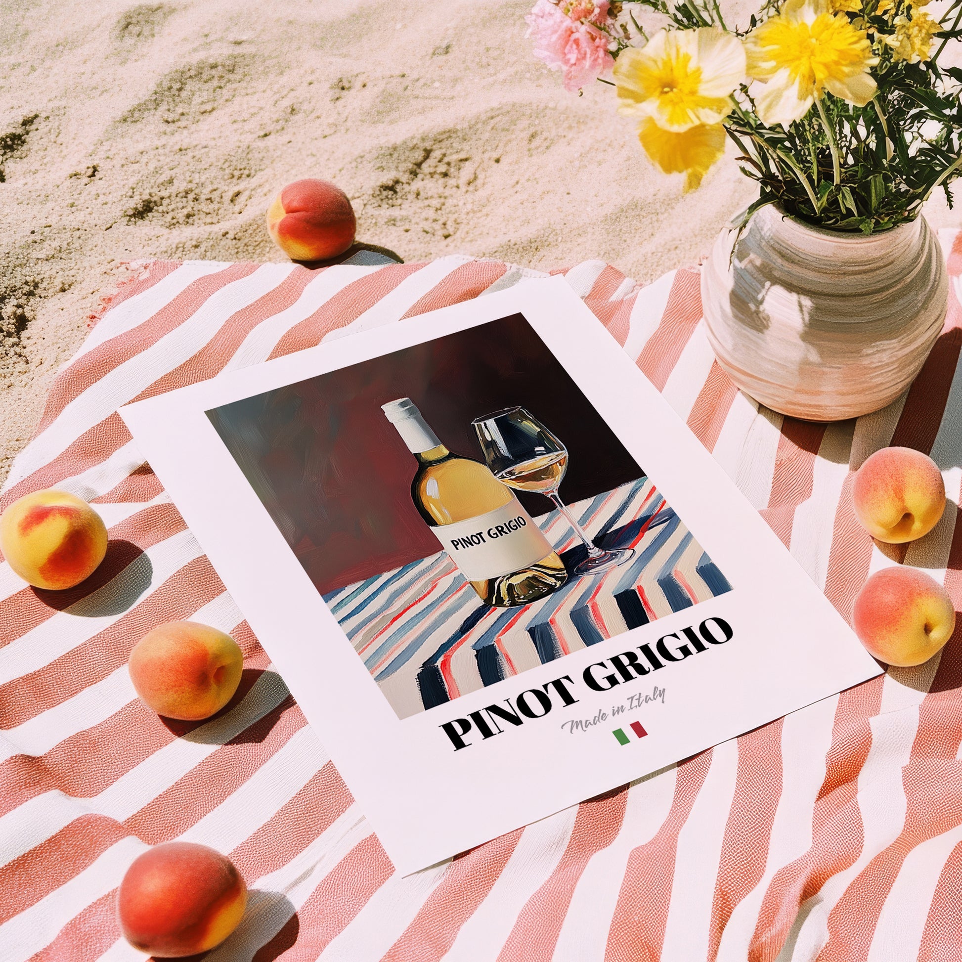Pinot Grigio – Italian White Wine, Enoteca Wall Art, unframed on coastal sand