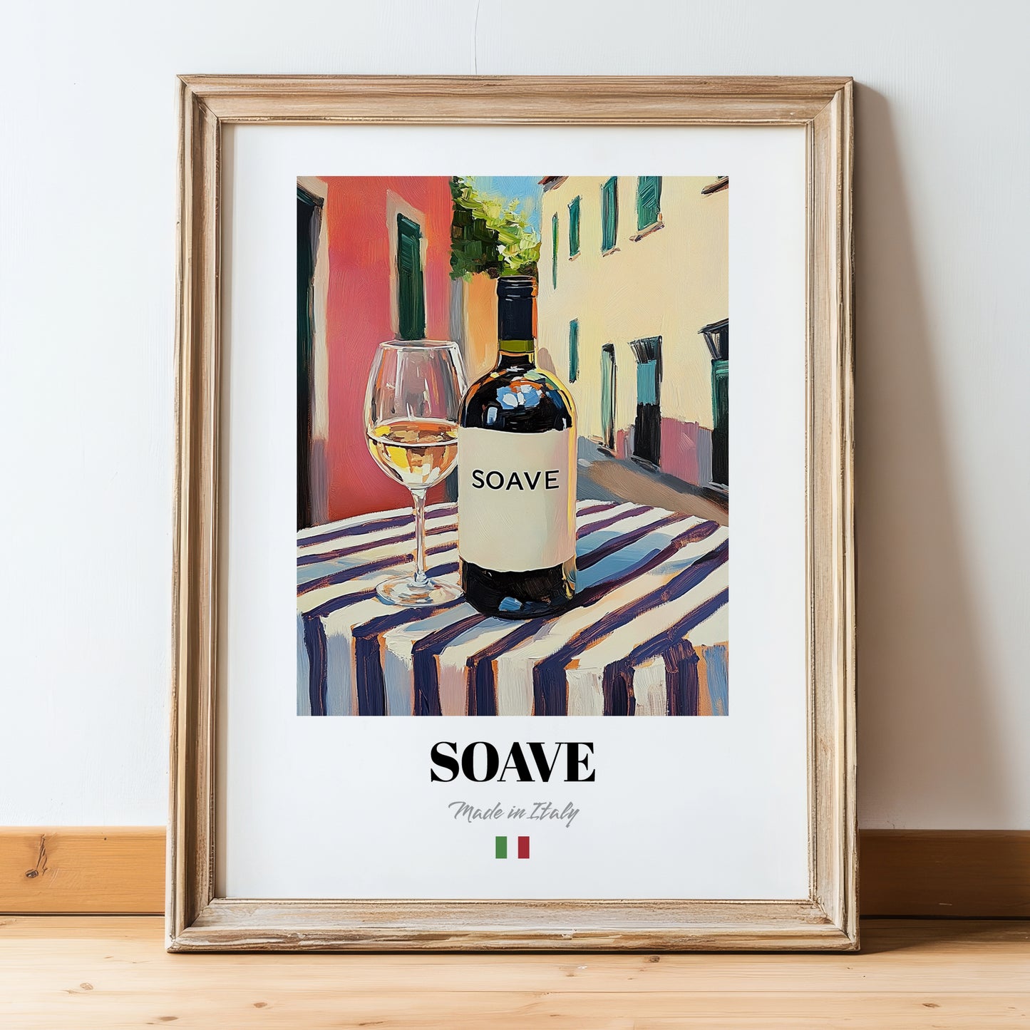 Soave – Italian White Wine, Wine Bar Wall Decor, in wooden frame leaning on the floor