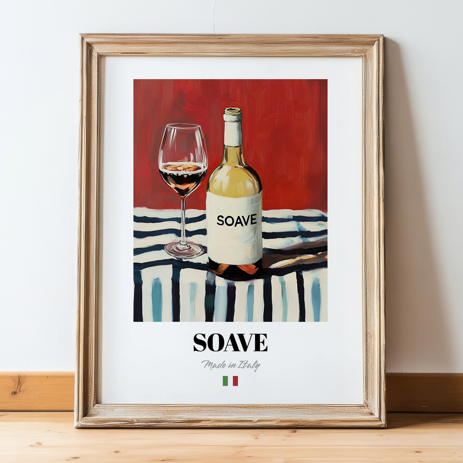 Soave – Italian White Wine, Wine Bar Still Life, in wooden frame leaning on the floor