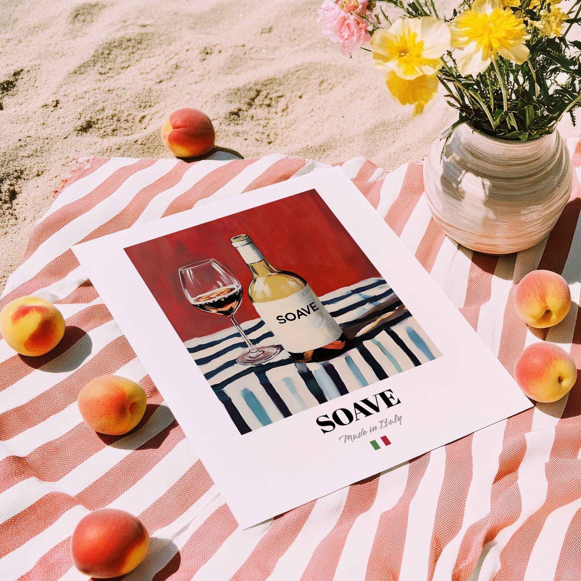 Soave – Italian White Wine, Wine Bar Still Life, unframed on coastal sand