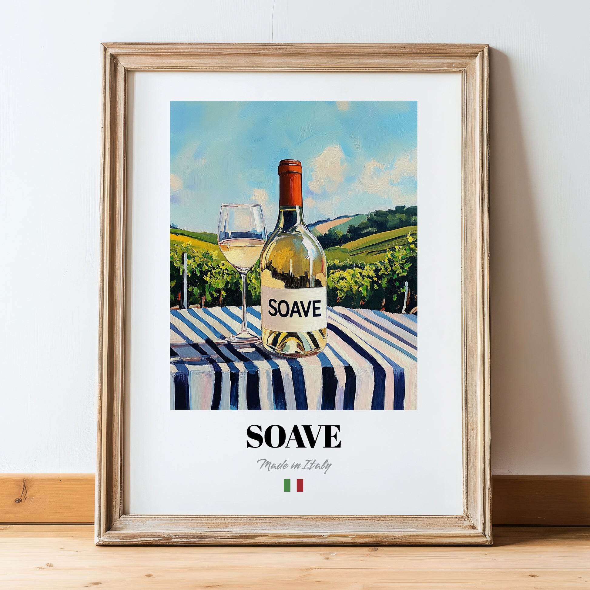 Soave – Italian White Wine, Wine Bar Poster, in wooden frame leaning on the floor