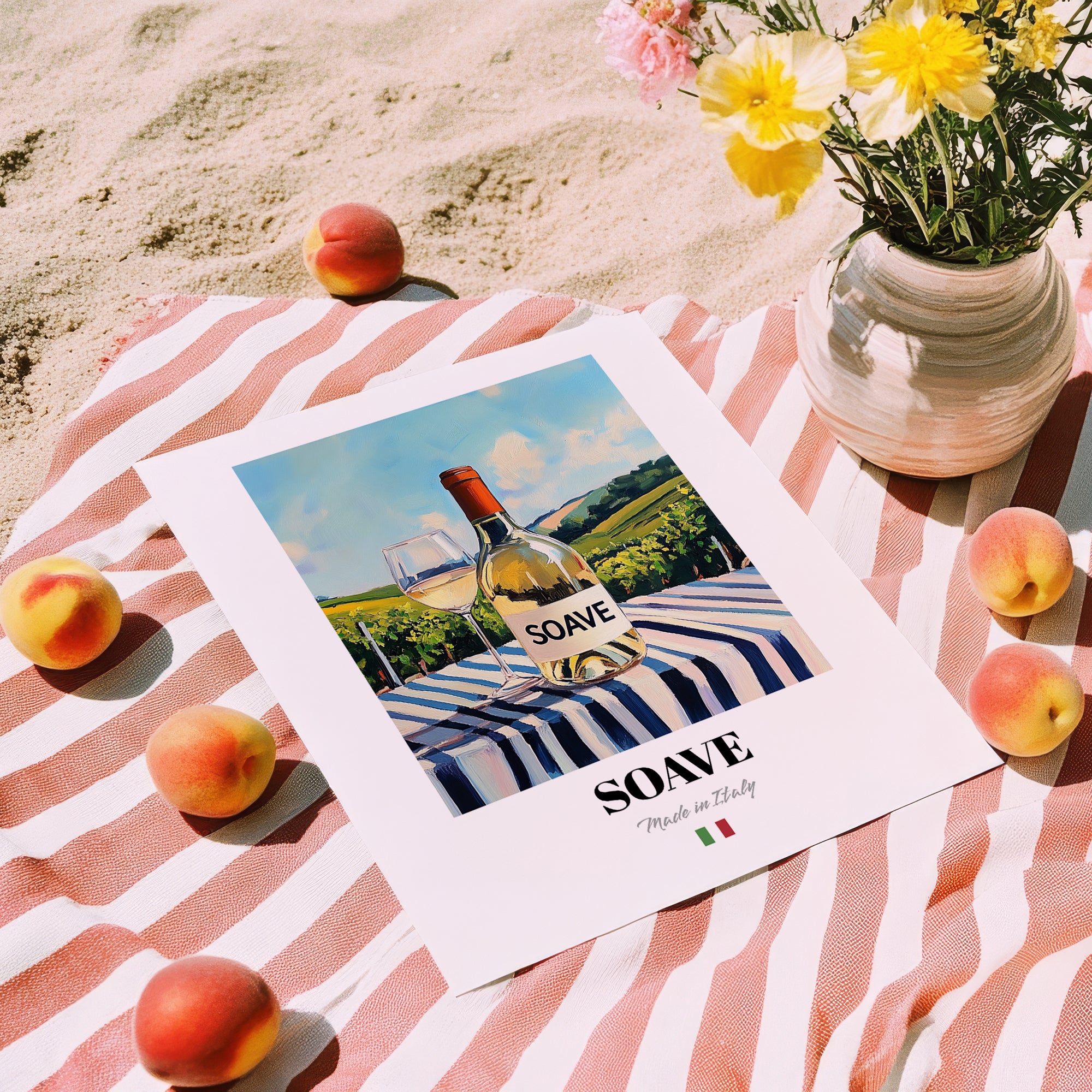 Soave – Italian White Wine, Wine Bar Poster, unframed on coastal sand