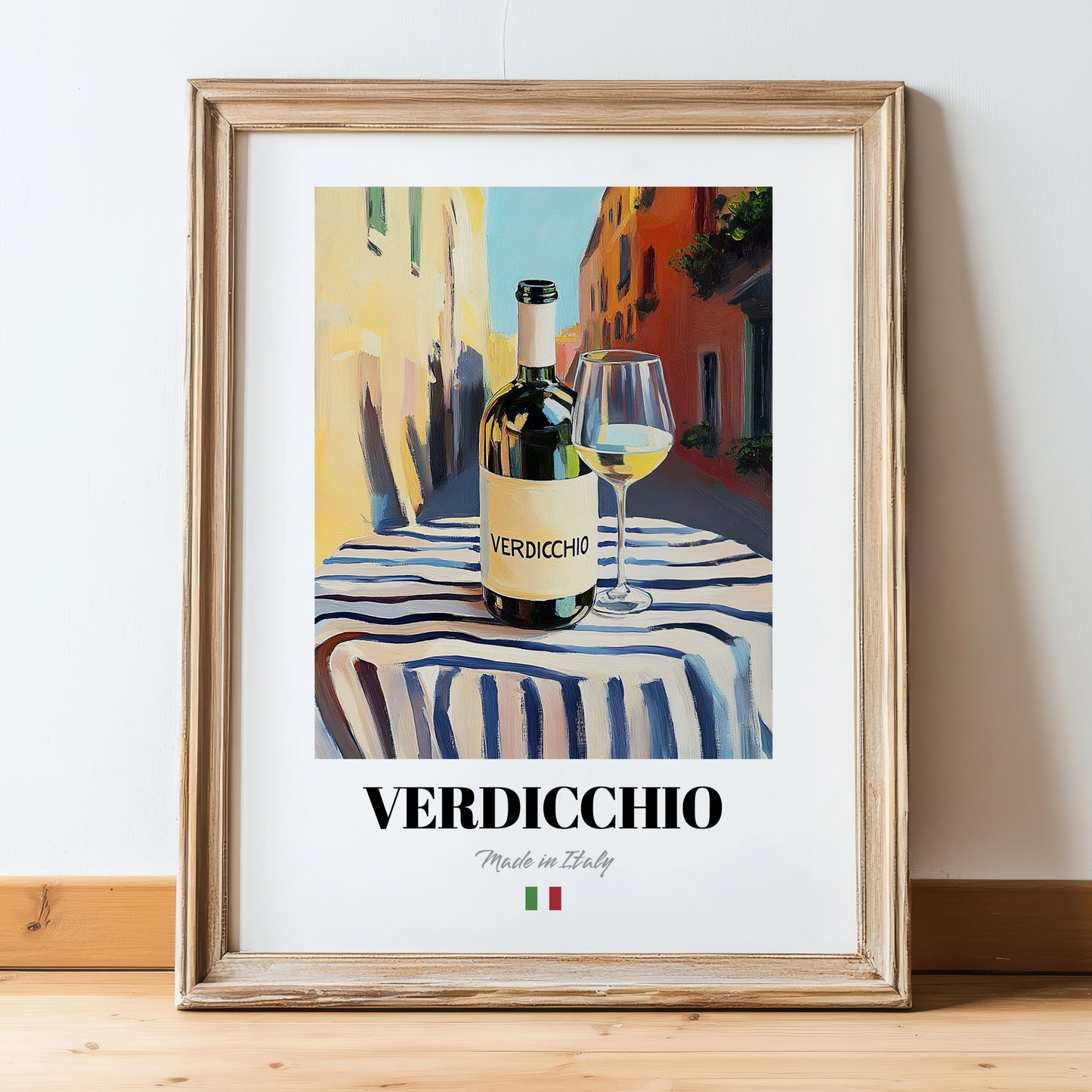 Verdicchio – Italian White Wine, Wine Bar Still Life, in wooden frame leaning on the floor