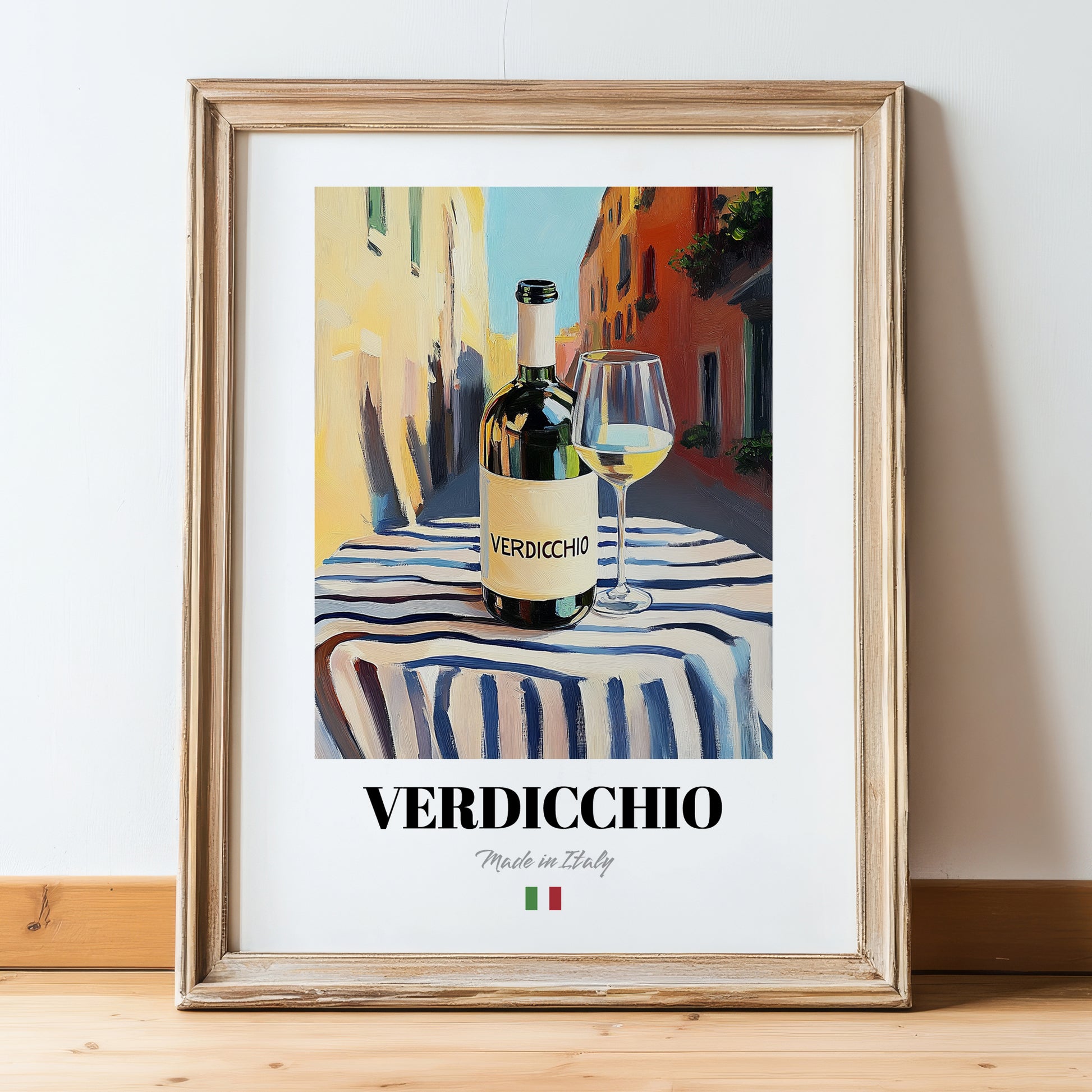 Verdicchio – Italian White Wine, Wine Bar Still Life, in wooden frame leaning on the floor