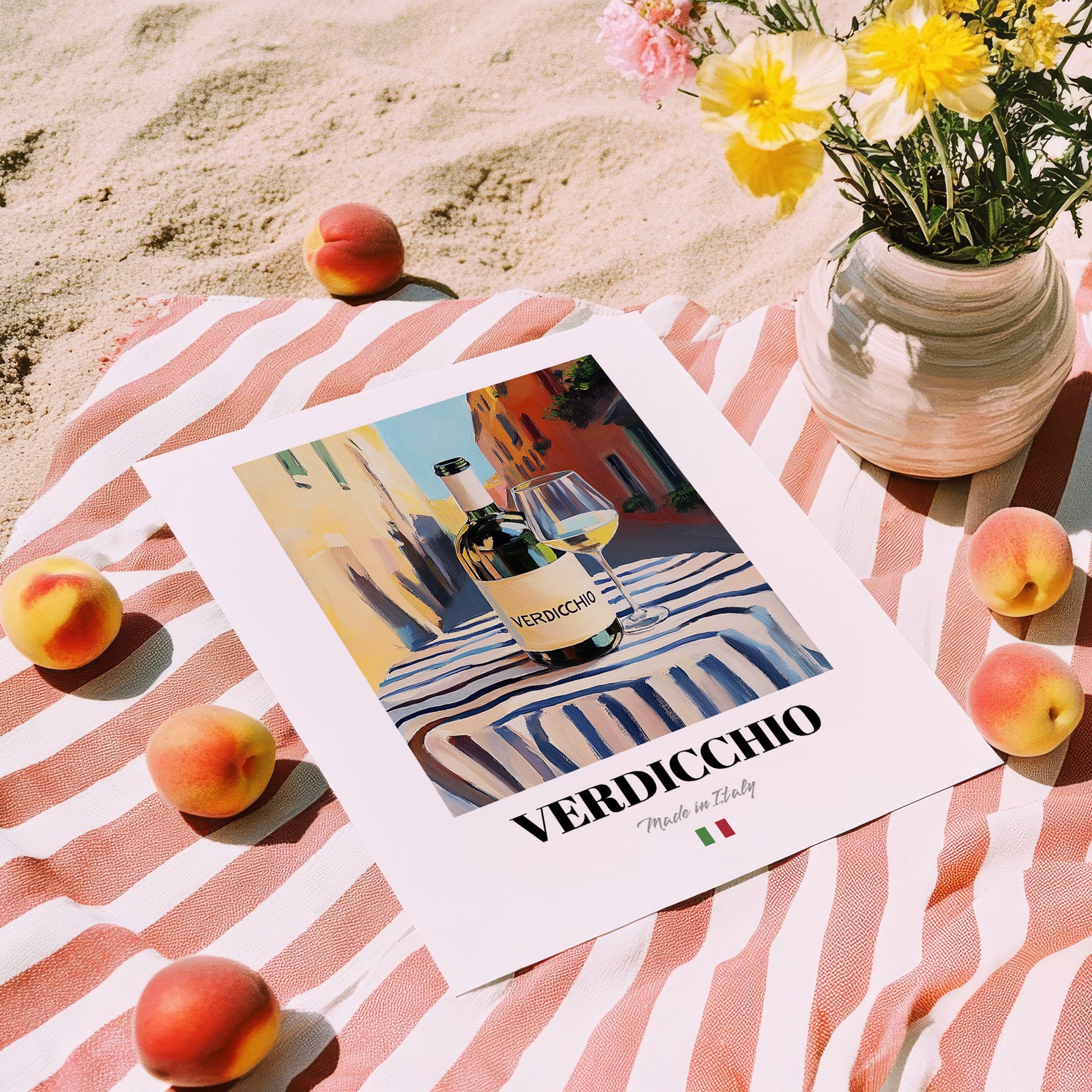 Verdicchio – Italian White Wine, Wine Bar Still Life, unframed on coastal sand