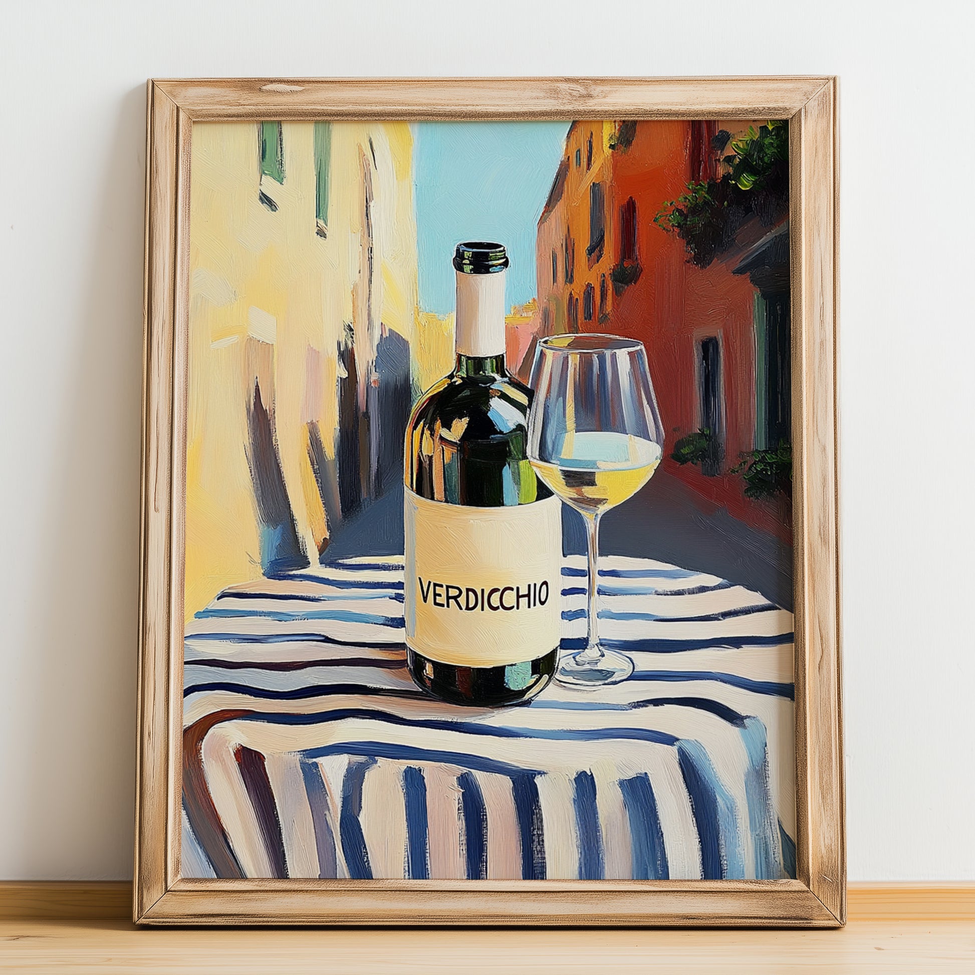Verdicchio – Italian White Wine, Wine Bar Still Life, no-text version framed in wood