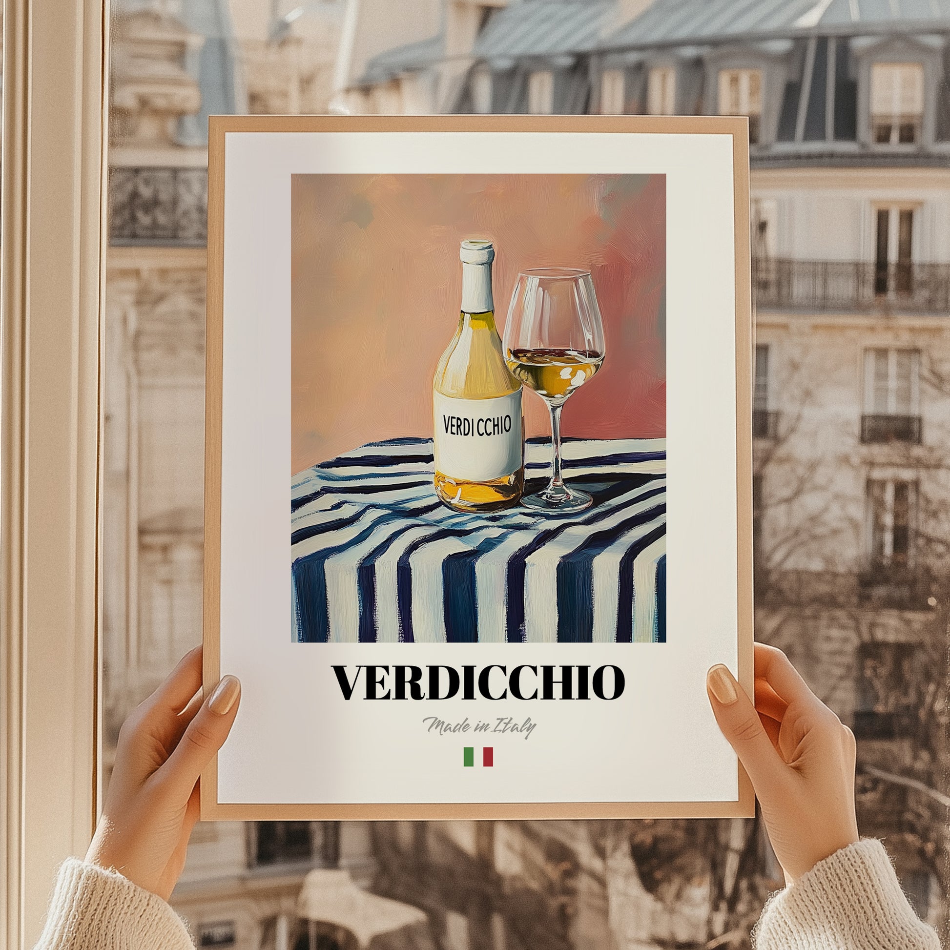 Verdicchio – Italian White Wine, Wine Bar Painting, styled in a charming Paris street view