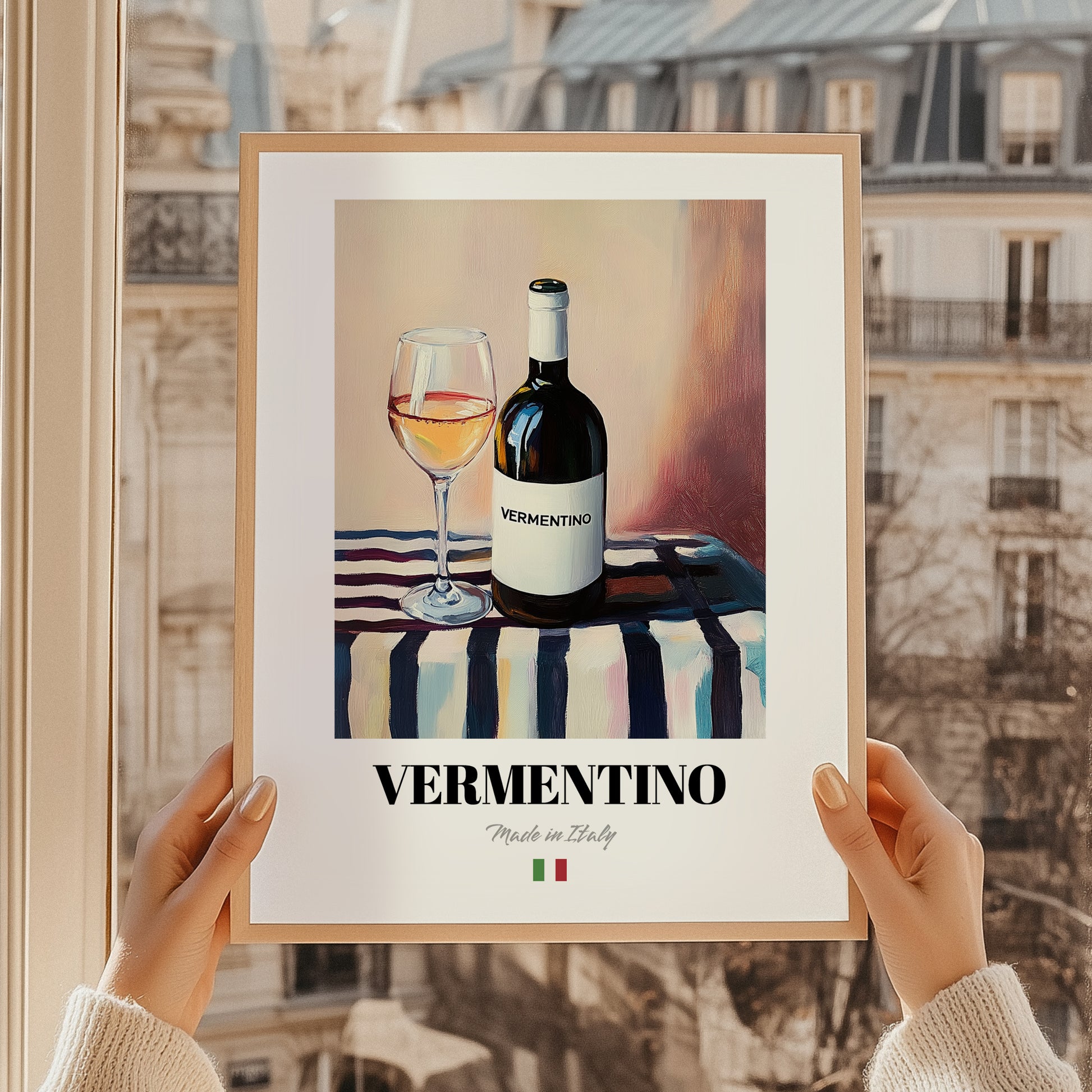 Vermentino – Italian White Wine, Vinoteca Poster, styled in a charming Paris street view