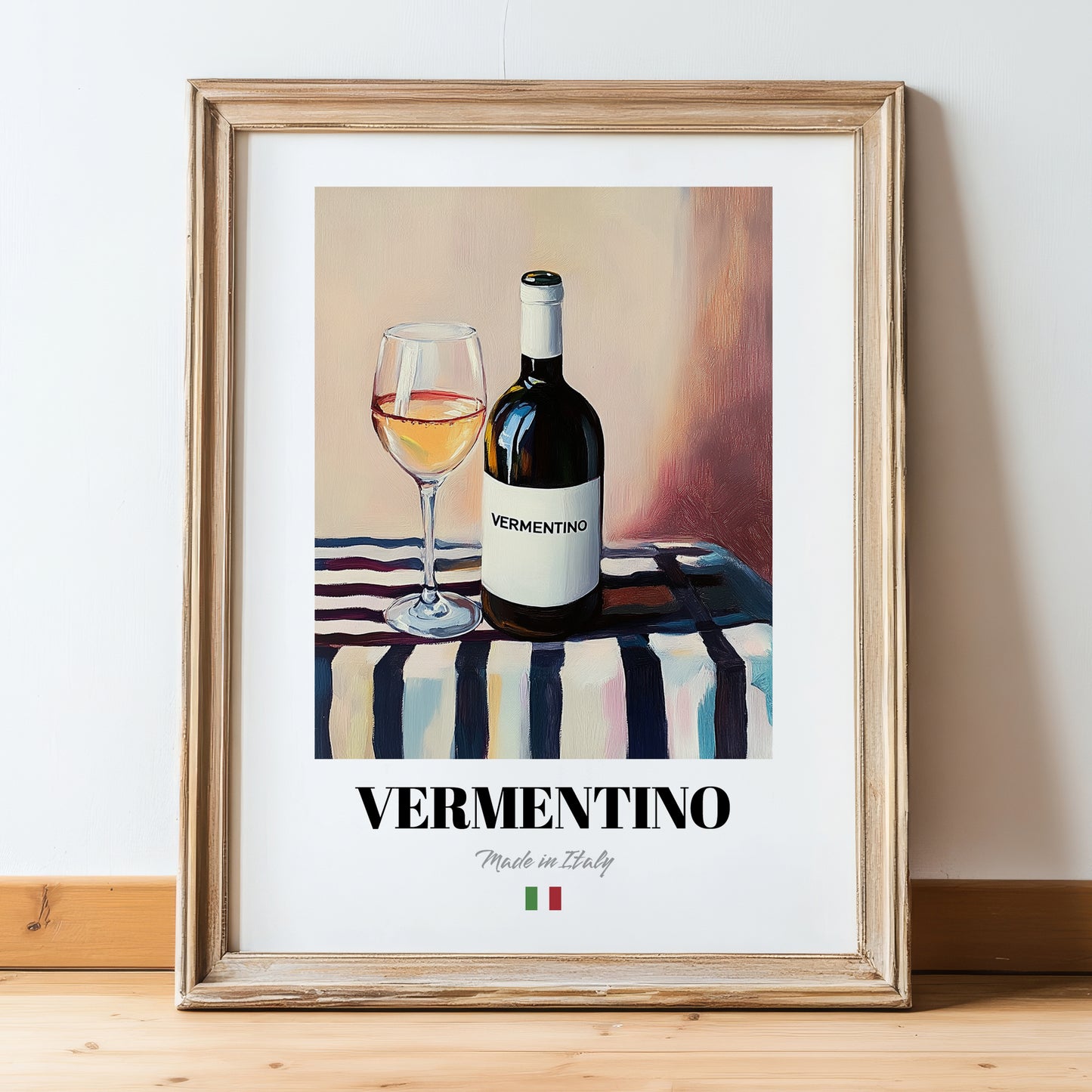 Vermentino – Italian White Wine, Vinoteca Poster, in wooden frame leaning on the floor