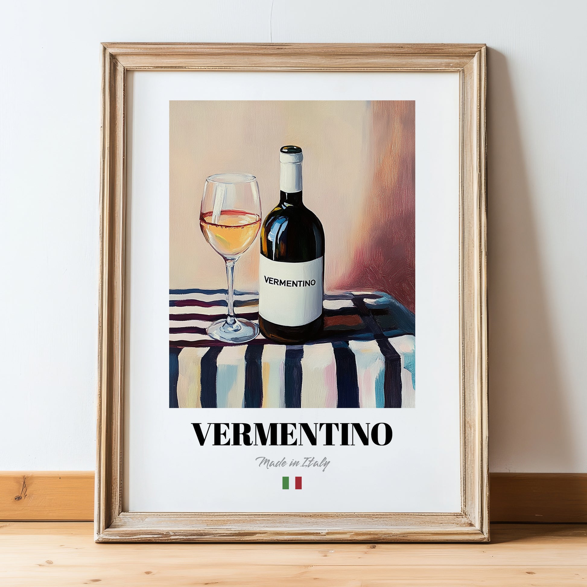 Vermentino – Italian White Wine, Vinoteca Poster, in wooden frame leaning on the floor