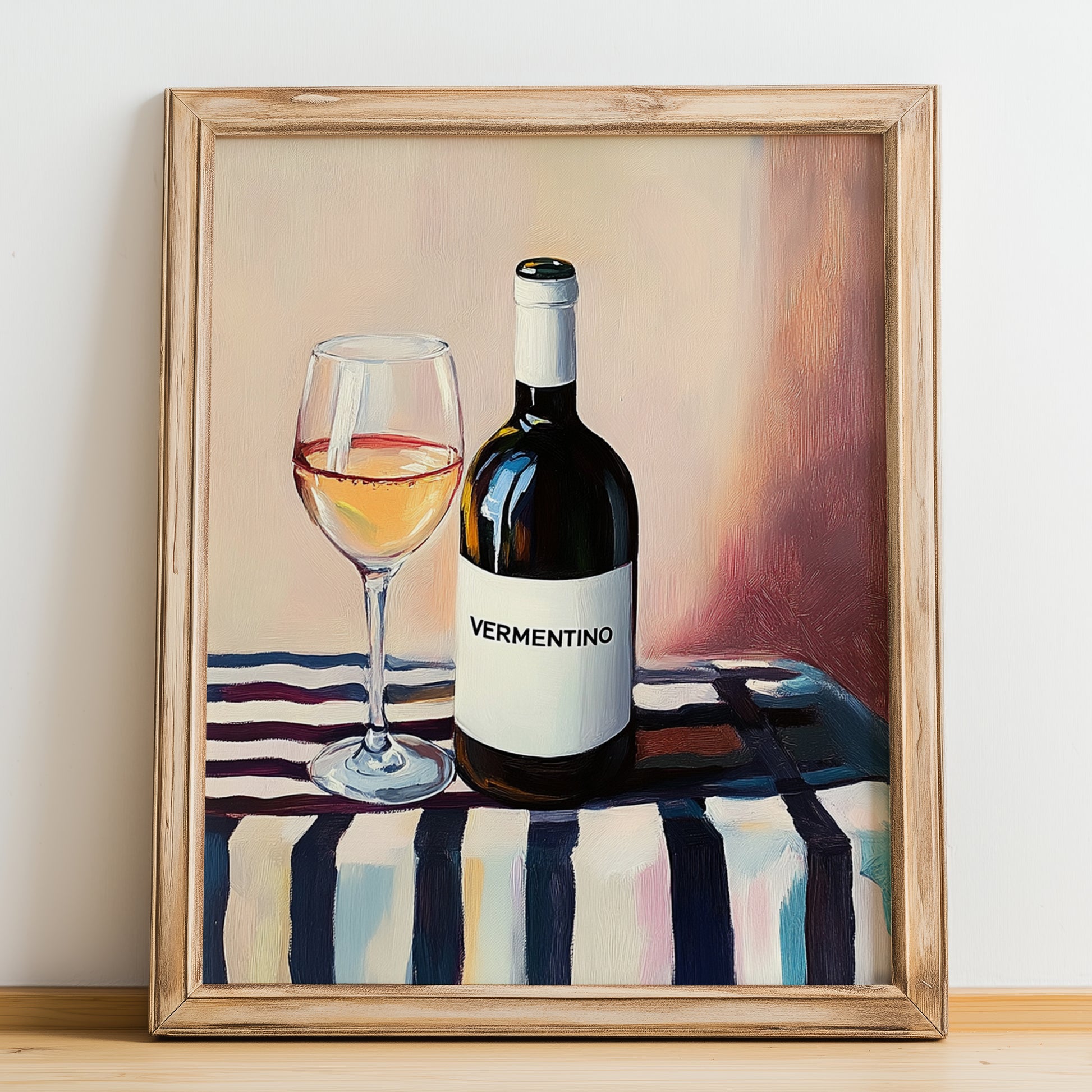 Vermentino – Italian White Wine, Vinoteca Poster, no-text version framed in wood