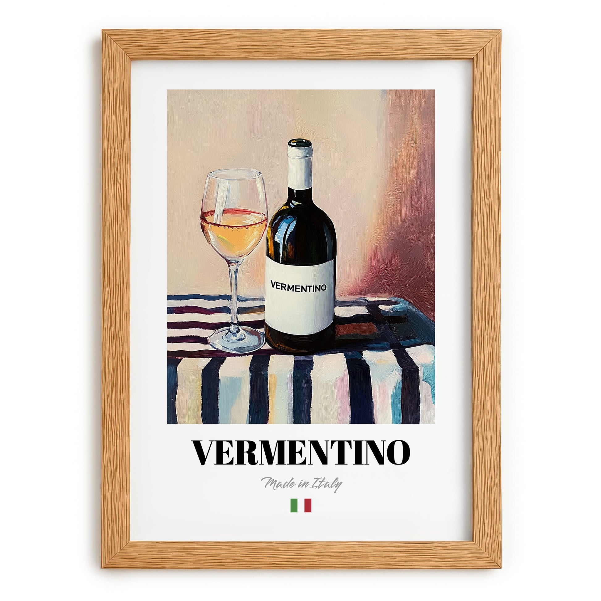 Vermentino – Italian White Wine, Vinoteca Poster, set in oak frame