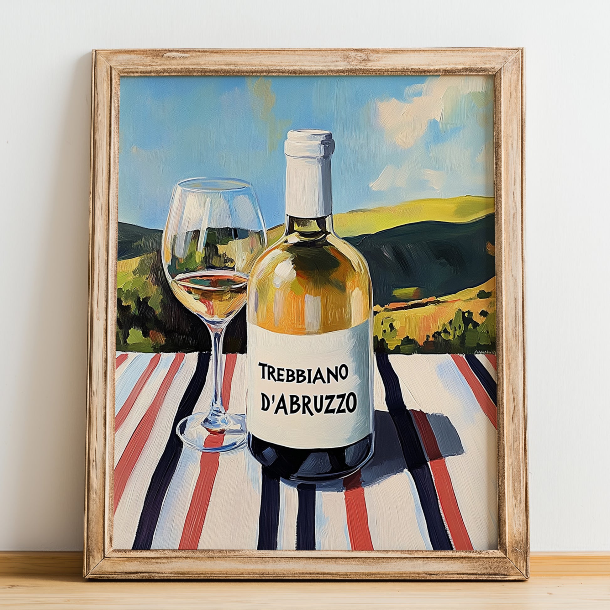 Trebbiano d'Abruzzo – Italian White Wine, Vineyard Terrace Print, no-text version framed in wood