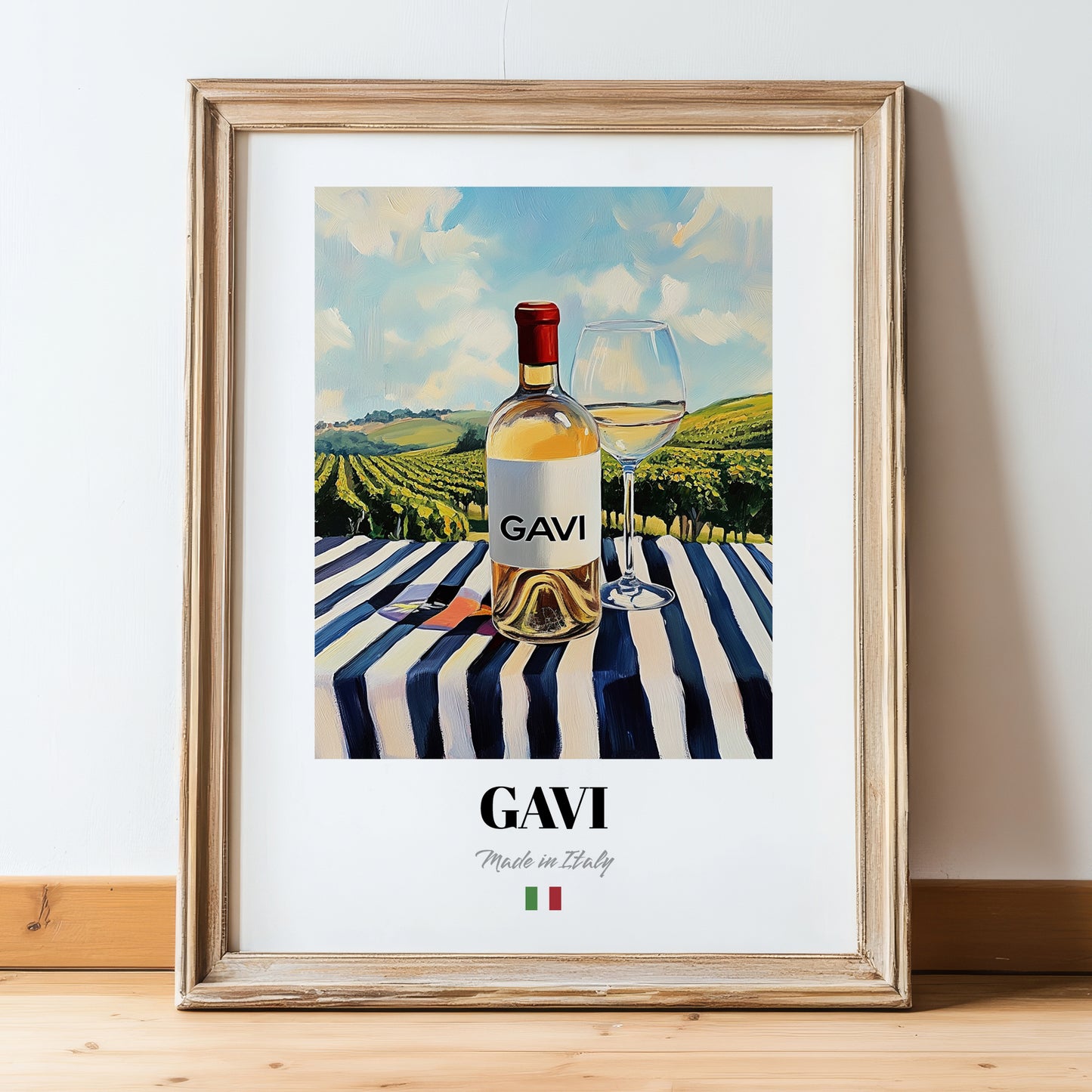 Gavi – Italian White Wine, Vineyard Terrace Wall Art, in wooden frame leaning on the floor