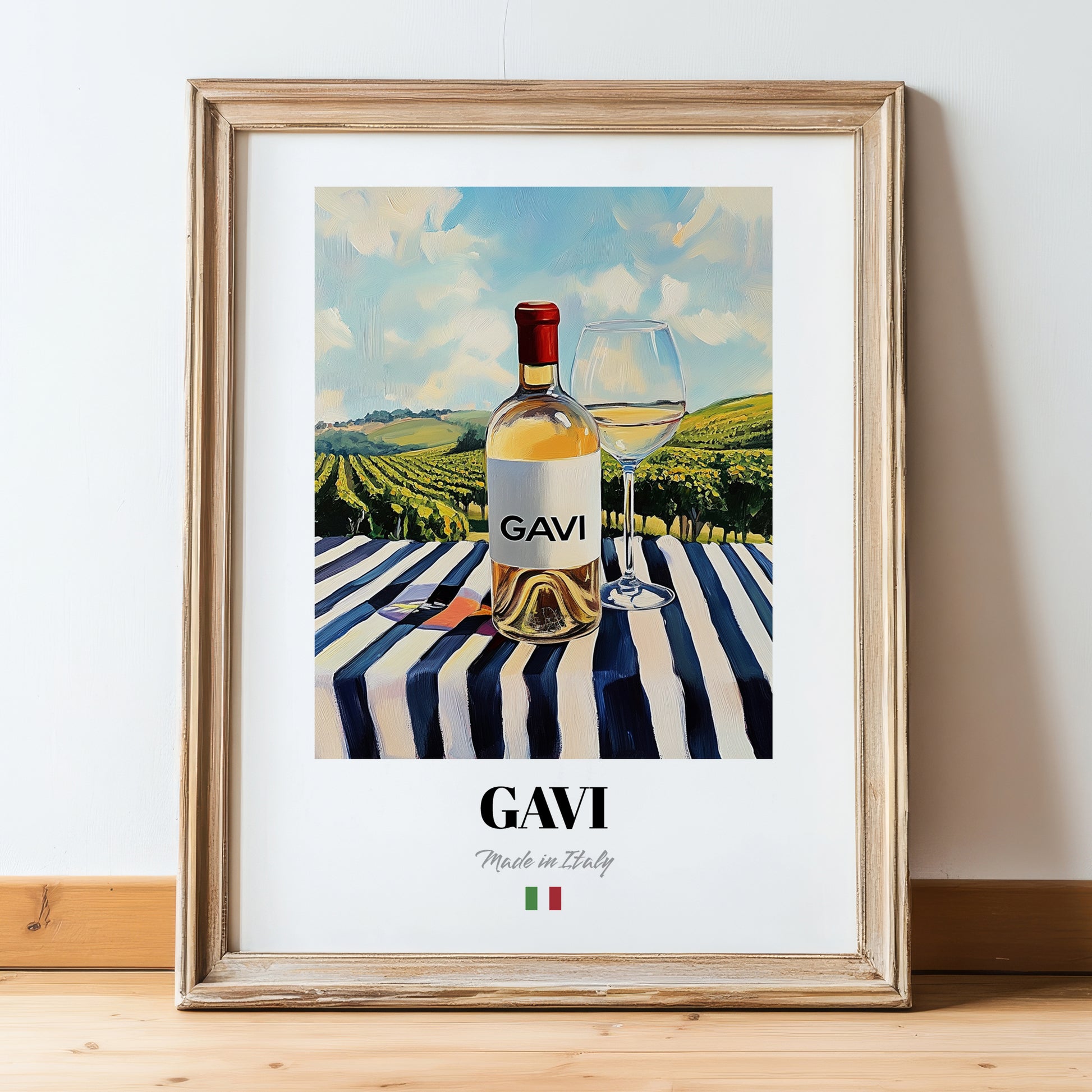 Gavi – Italian White Wine, Vineyard Terrace Wall Art, in wooden frame leaning on the floor