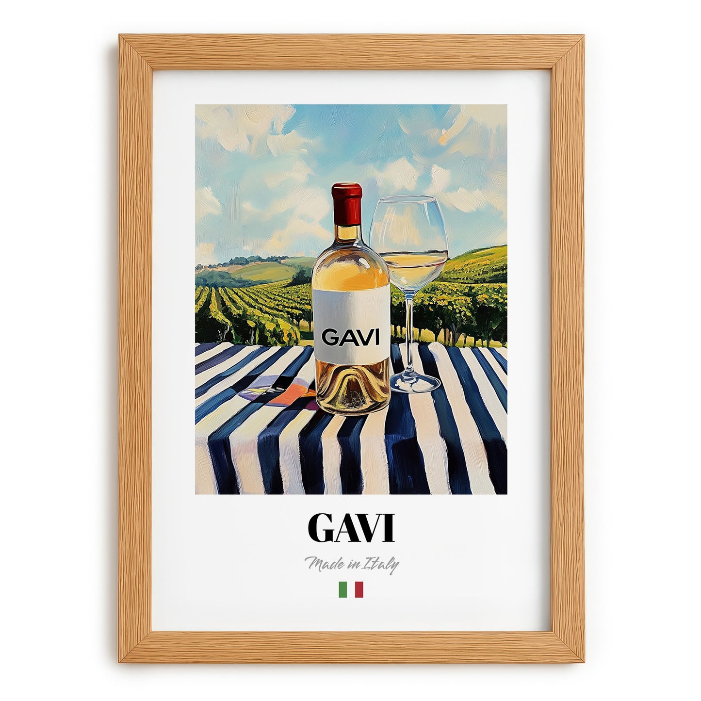 Gavi – Italian White Wine, Vineyard Terrace Wall Art, set in oak frame