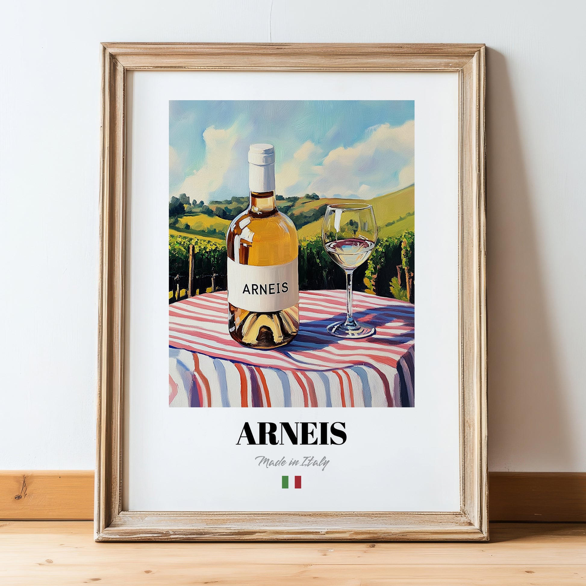 Arneis – Italian White Wine, Wine Bar Wall Art, in wooden frame leaning on the floor