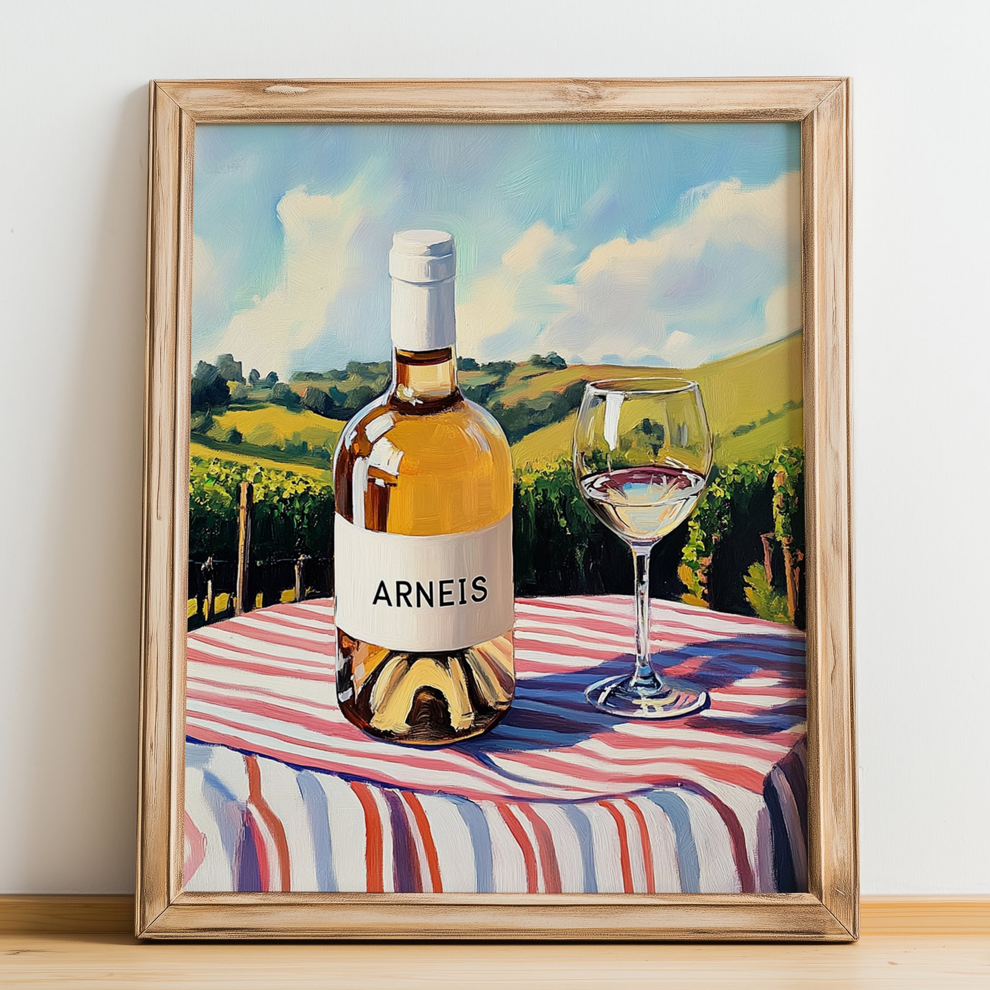 Arneis – Italian White Wine, Wine Bar Wall Art, no-text version framed in wood